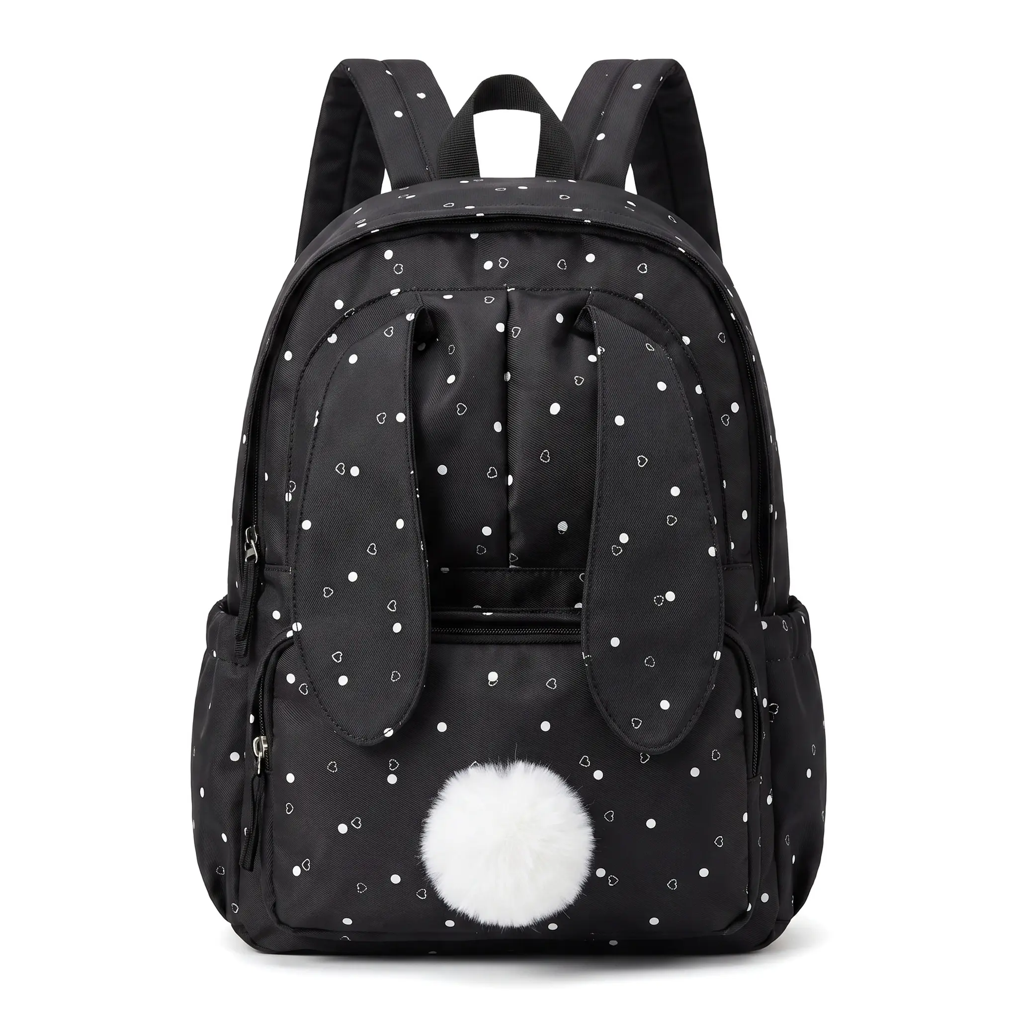 Cute Polka Dot Bunny Ear Backpack For Girls Waterproof Nylon Lightweight Large Capacity Travel School Bag Curved Shoulder Straps
