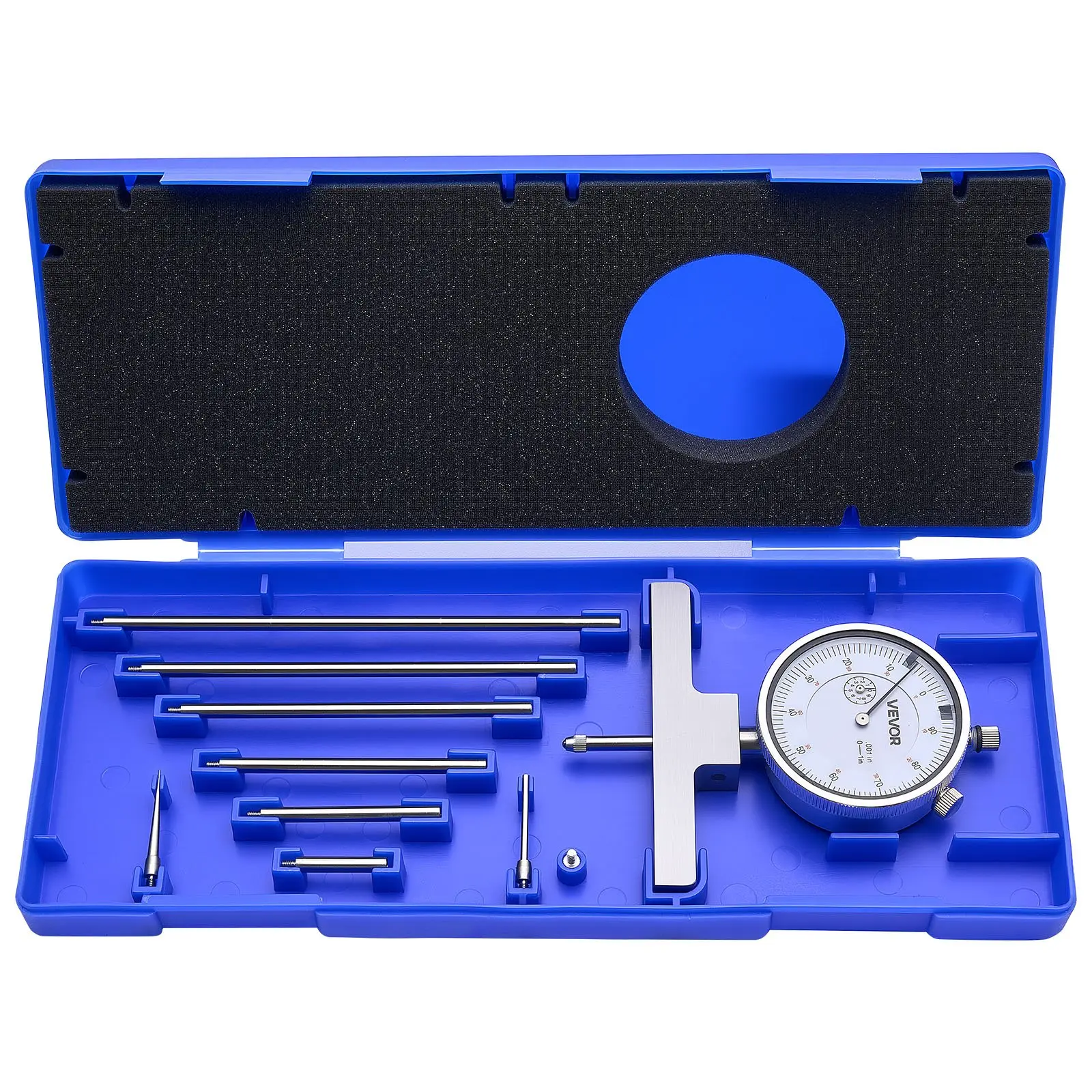 VEVOR High Precision Easy-to-Read Depth Gauge - 0-22 in Range, 0.001" Resolution, 4 Anvils, 6 Standard Rods, Mechanical Tool for Groove Depth, Step Measurement