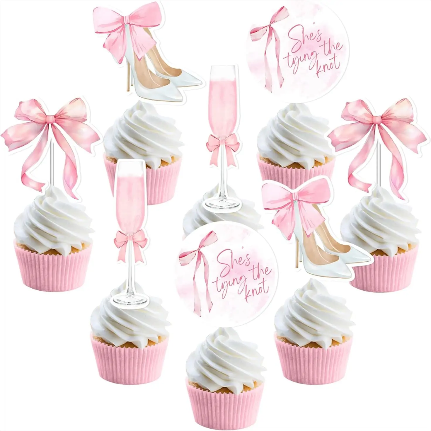 Adult Playful 36-Piece Cardstock Pink Bow Cupcake Toppers Set - Double-Sided Printed, Wine Glass & High Heel Designs for Bachelorette Party & Bridal Shower Cake Decor Supplies, Bows