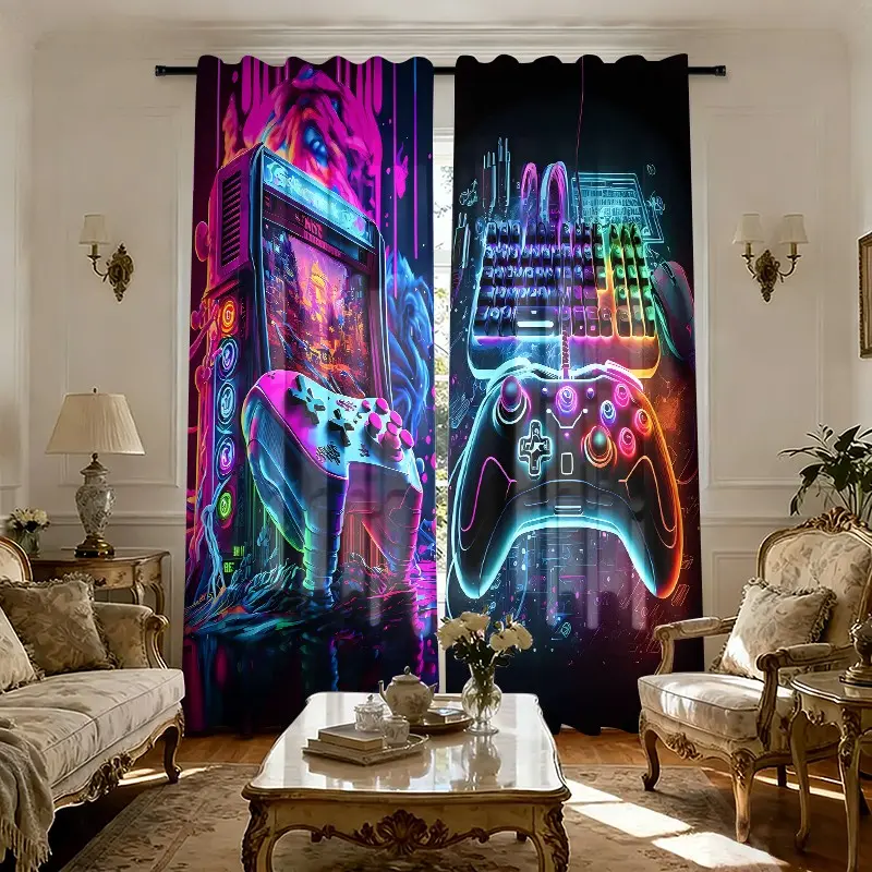 Vintage Game Controller Print Curtains, Rod Pocket Design, Easy to Hang, Semi-Transparent Privacy Curtains for Bedroom Living Room Home Decor, Sheer Printed Curtains, Home Decorative Curtain