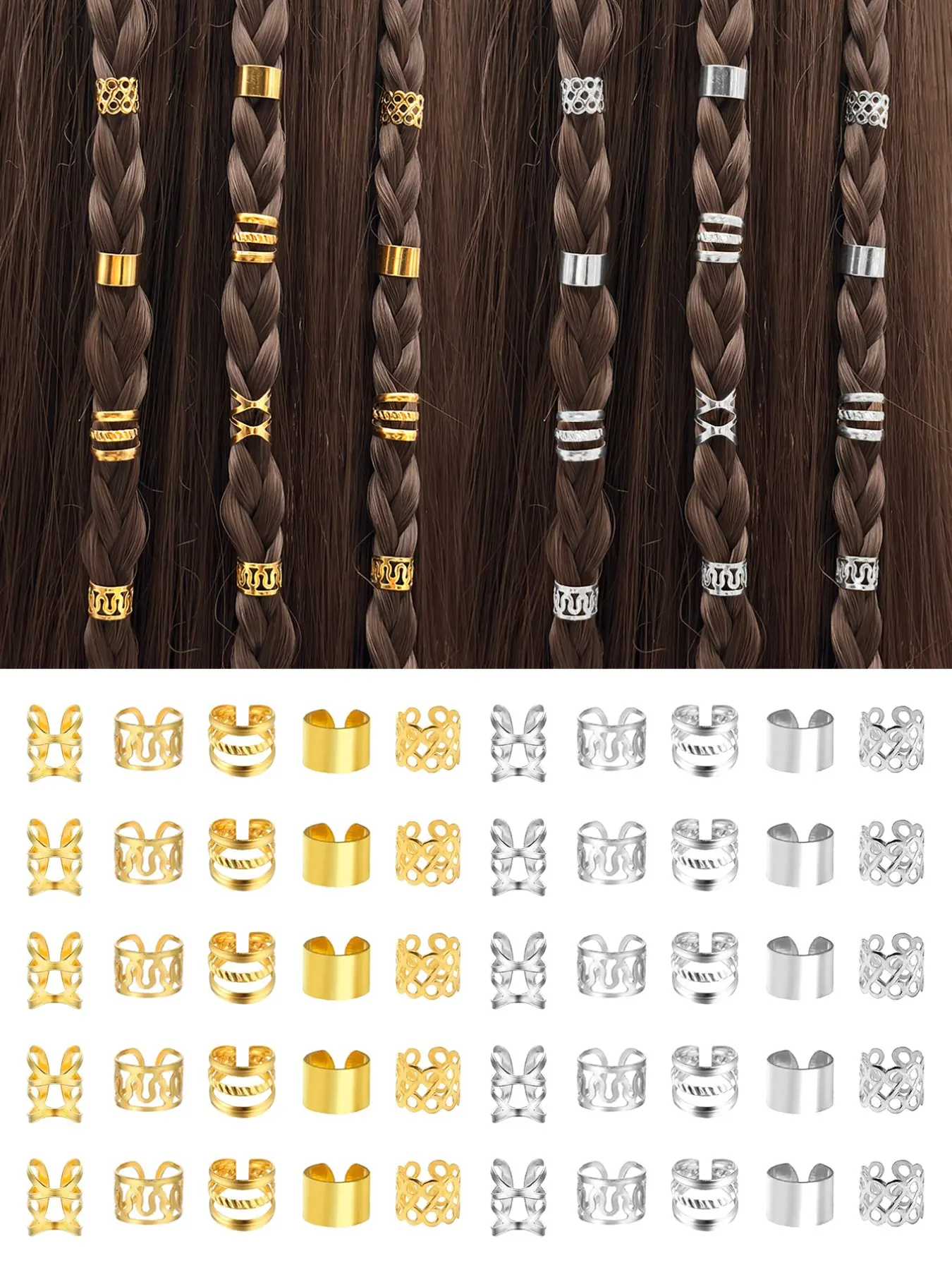 100pcs Alloy Beauty Metallic Finish Versatile Hair Jewelry Set, Dreadlock Accessories & Braid Clips, Non-Piercing Ear Clips, Beard Beads & Hair Cuffs for Men & Women Decorations