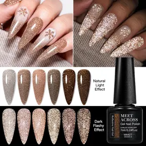 Meet Across 7ML Coffee Reflective Glitter Gel Nail Polish, Dark Flashy Semi Permanent Soak off UV Gel Varnish, Salon Nail Supplies