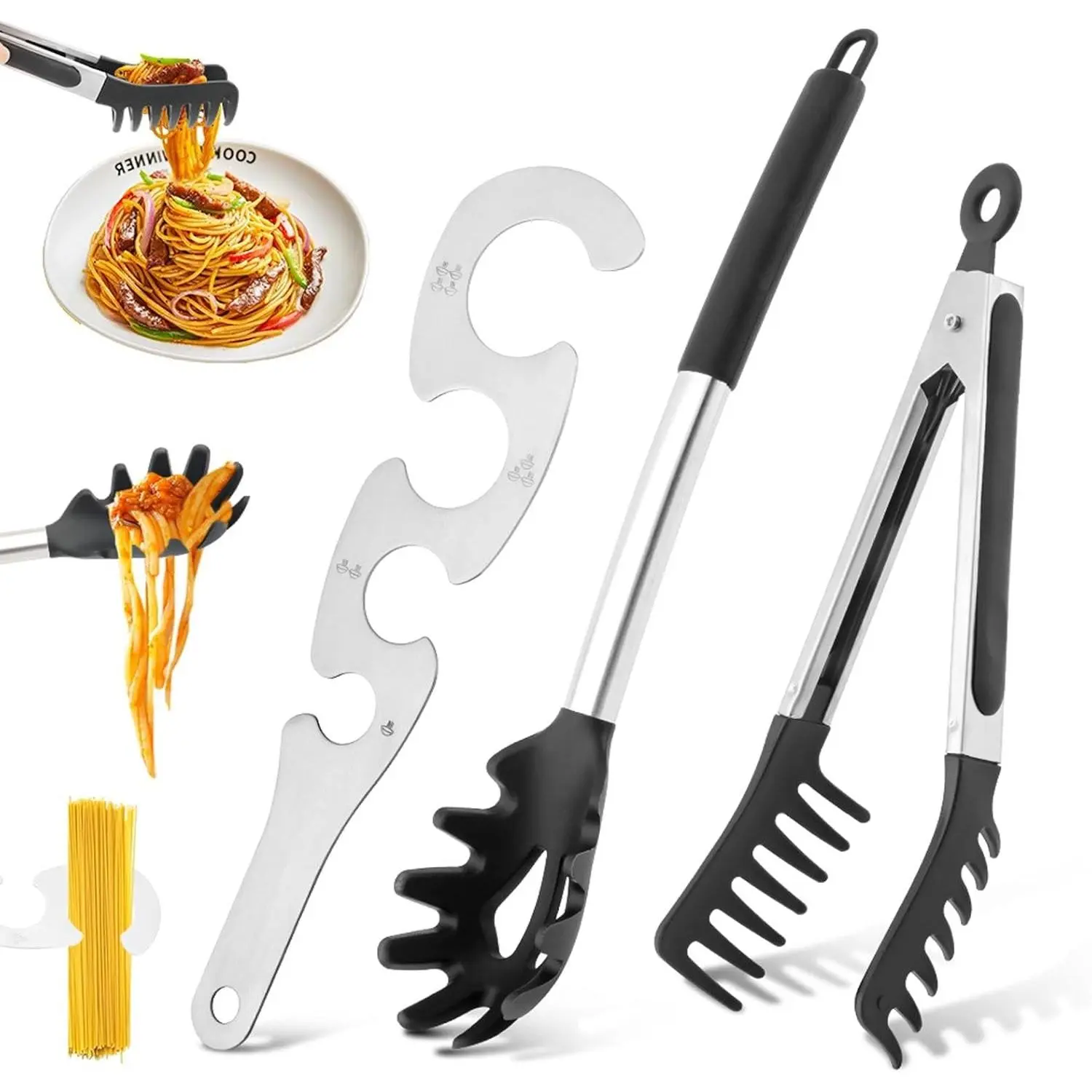 Kitchen Silicone Spaghetti Spoon-Pasta Tong Set with Non-Stick Stainless Steel Handle, Pasta Measurer, Toothed Fork and Food Clip for Easy Noodle Serving
