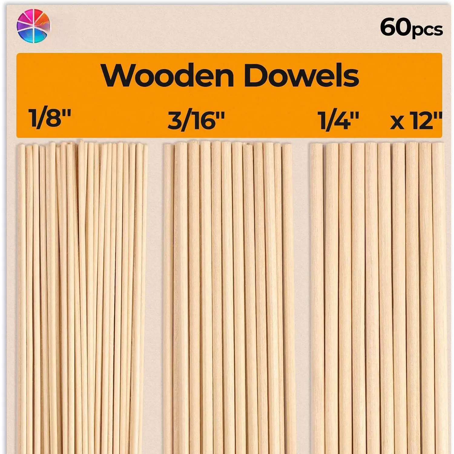 Wooden Dowel Rods for Craft - 60 count Round  Dowels 12 inch in Varying Sizes - 1/8, 3/16, 1/4 - Different Rods - Craft Sticks Round Dowels…