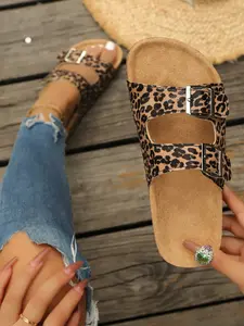 Leopard Print Buckle Birkenstock Sandals, Vintage Casual Style, Soft Wood Sole Anti-Slip, Adjustable Strap, Comfortable for Travel & Commute