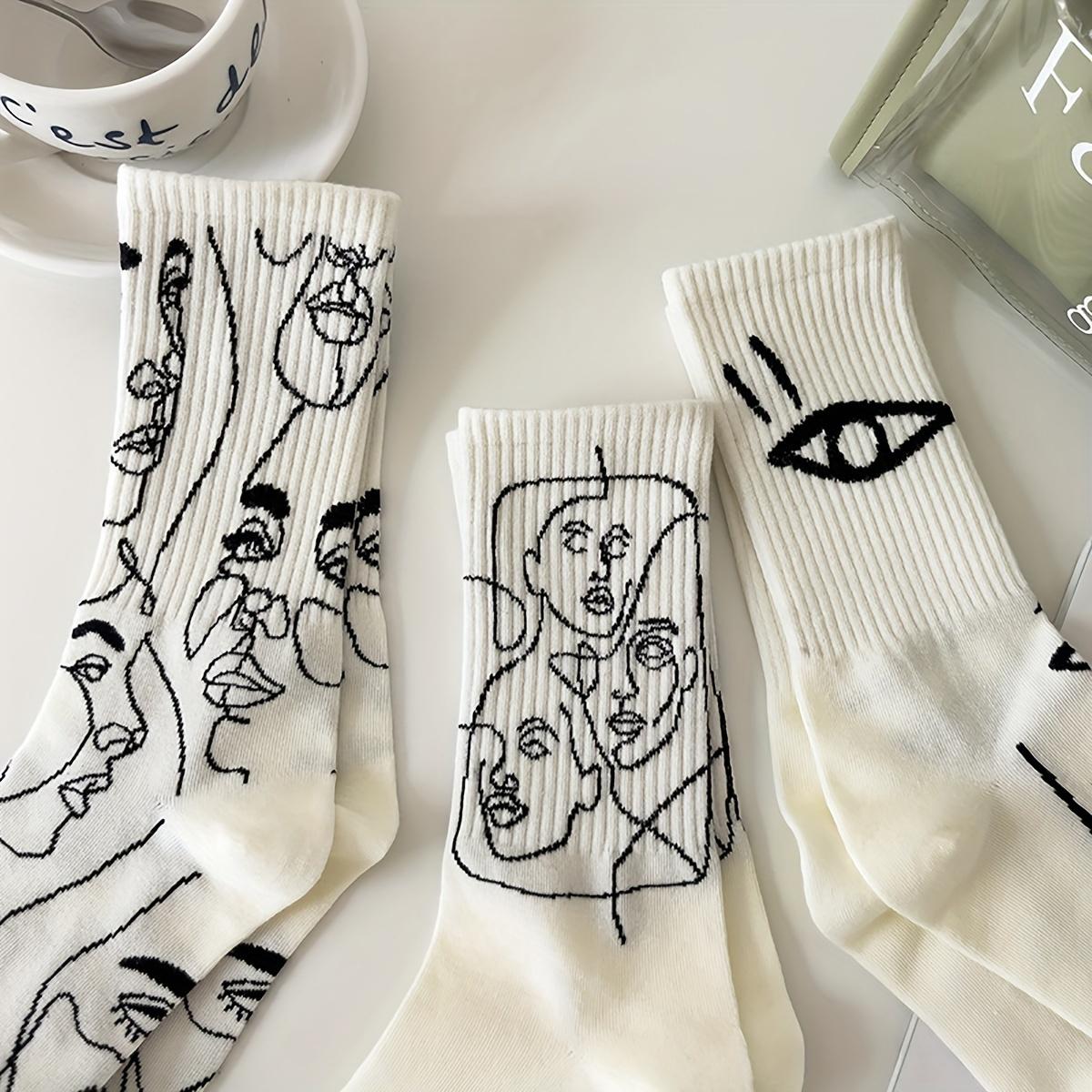 Lady 3 Pairs Abstract Printed Mid-Tube Socks, Fashionable Creative Women's Socks (Non-Silk Stocking Style)