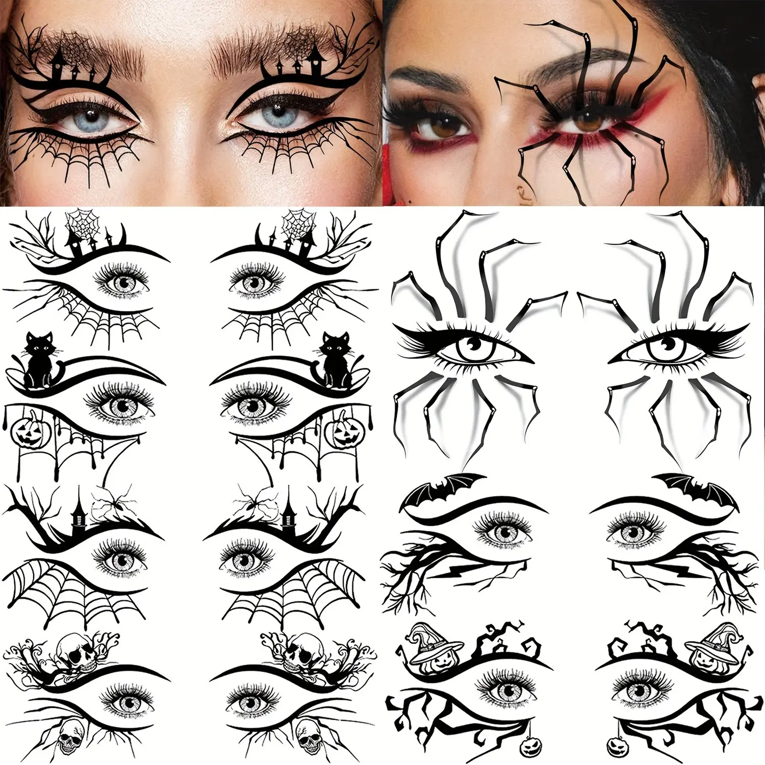 7 Halloween Eye Temporary Tattoos, Gothic Spider Web, Skull Bat Face Makeup Stickers, Waterproof Eyeliner, Party Cosplay Costume Decorations, Fake Tattoos