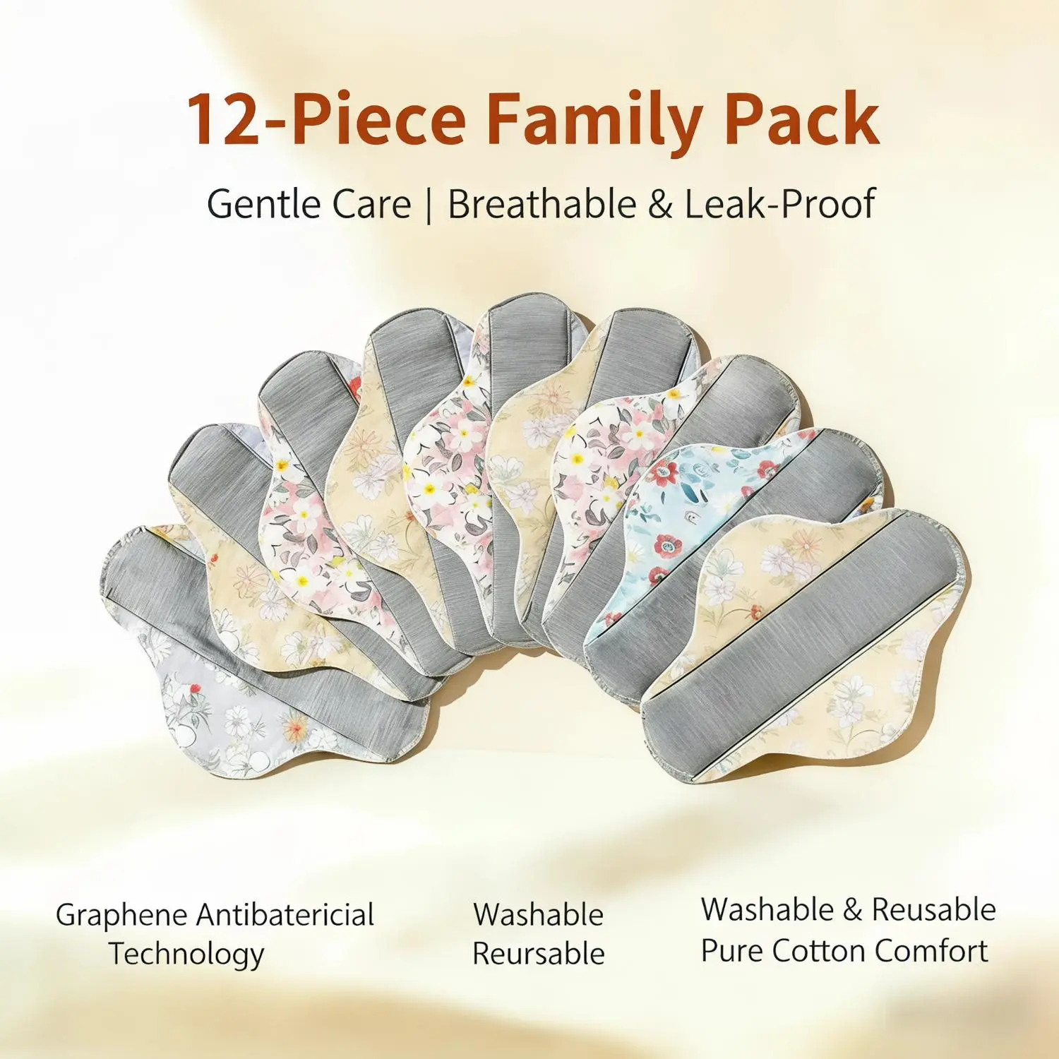 12Pcs Leak-Proof Upgraded Absorbent Washable Incontinence Pads, Graphene Aseptic Technology, Breathable Organic Cotton for Women & Elderly Care (Random Color)