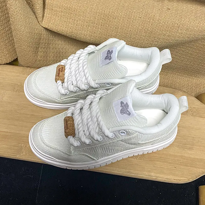 White Textured Jacquard Skate Shoes Chunky Thick White Rope Laces Solid Cream Platform Canvas Sneakers Unisex Streetwear