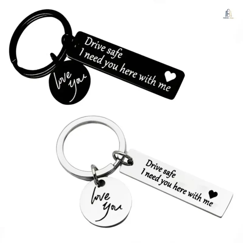 Safe Driving Engraved Keychain |   Polished Stainless Steel Car Rearview Mirror Charm |   Couple Vehicle Hanging Ornament for Lover Gift Daily Driving Decor