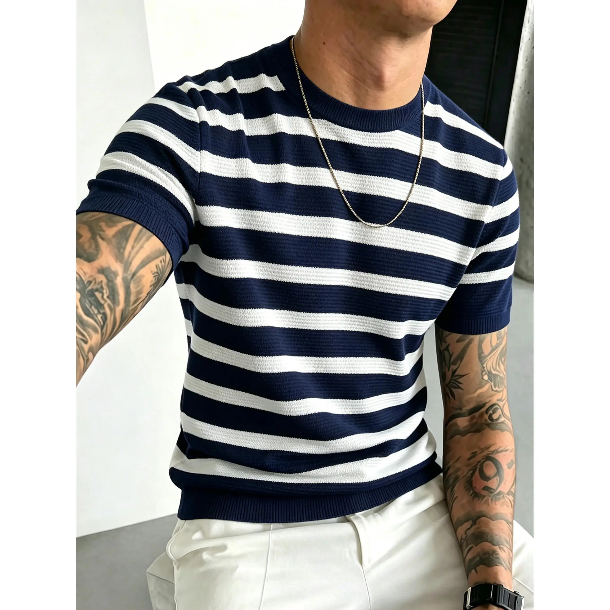 Lightweight breathable hollow knit crew neck short sleeve tee with horizontal stripe woven texture, slim stretch tailored silhouette, soft cooling fabric timeless casual staple to build effortless modern mensfashion daily outfits