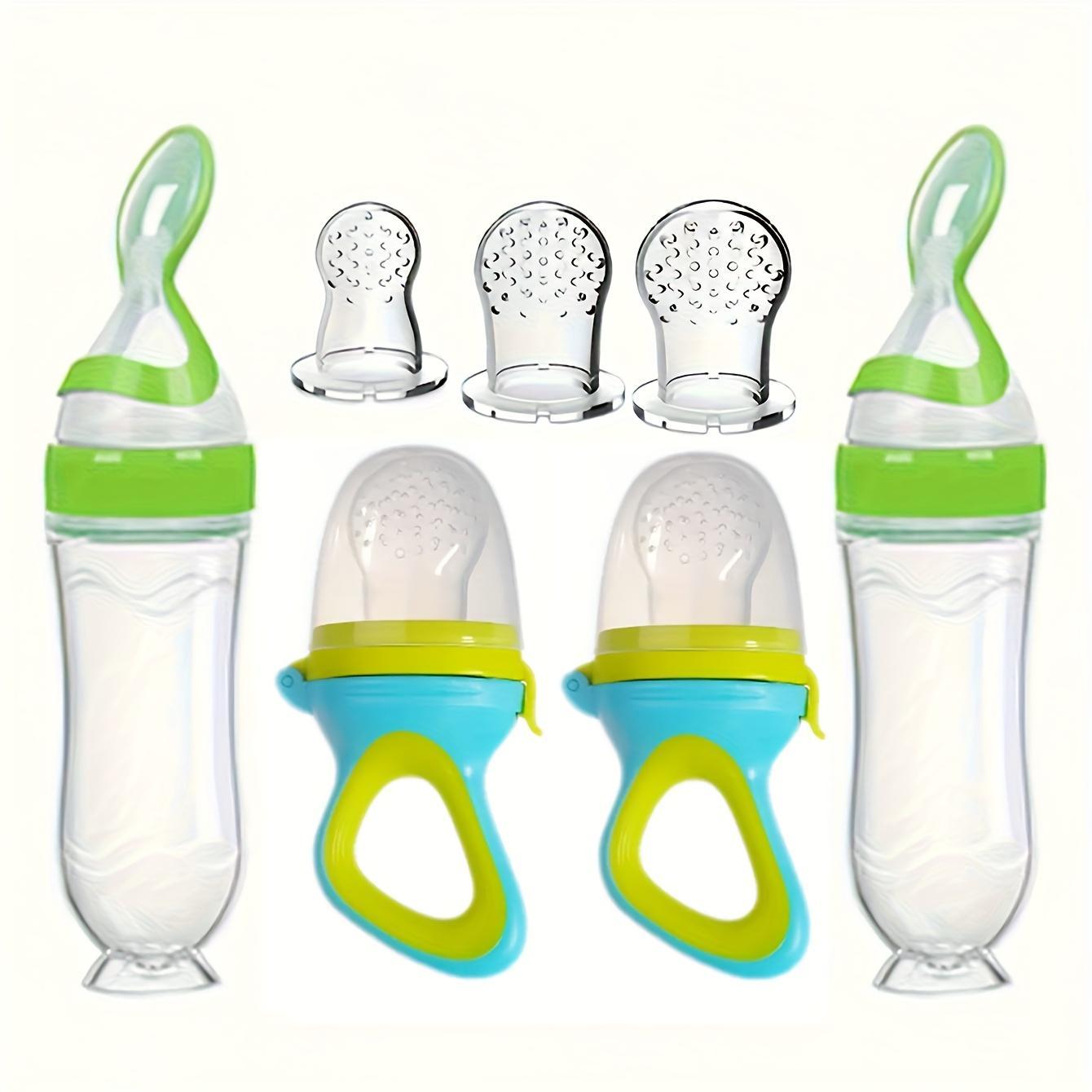Baby Feeding Set, 7 Counts/set Including 2 Counts Silicone Food Storage Bottle & 2 Counts Fruit Feeder & 3 Counts Silicone Mesh Bag, Baby Utensils