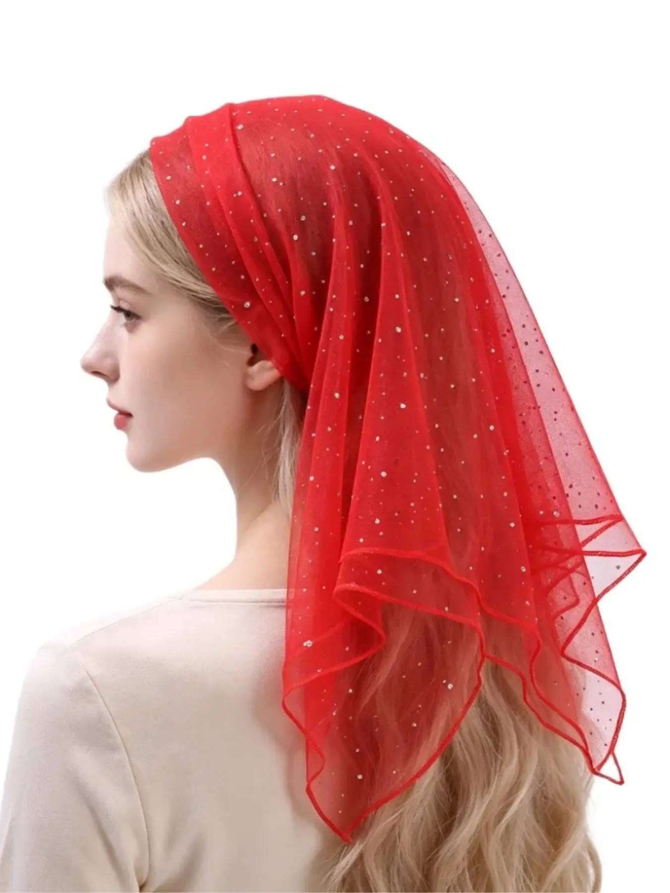 1pc Red Mesh Tulle Sparkle Rhinestone Hijab Women Sheer Thin Veil Headscarf Fashion Modest Muslim Head Cover Fashionable Modest Hijab