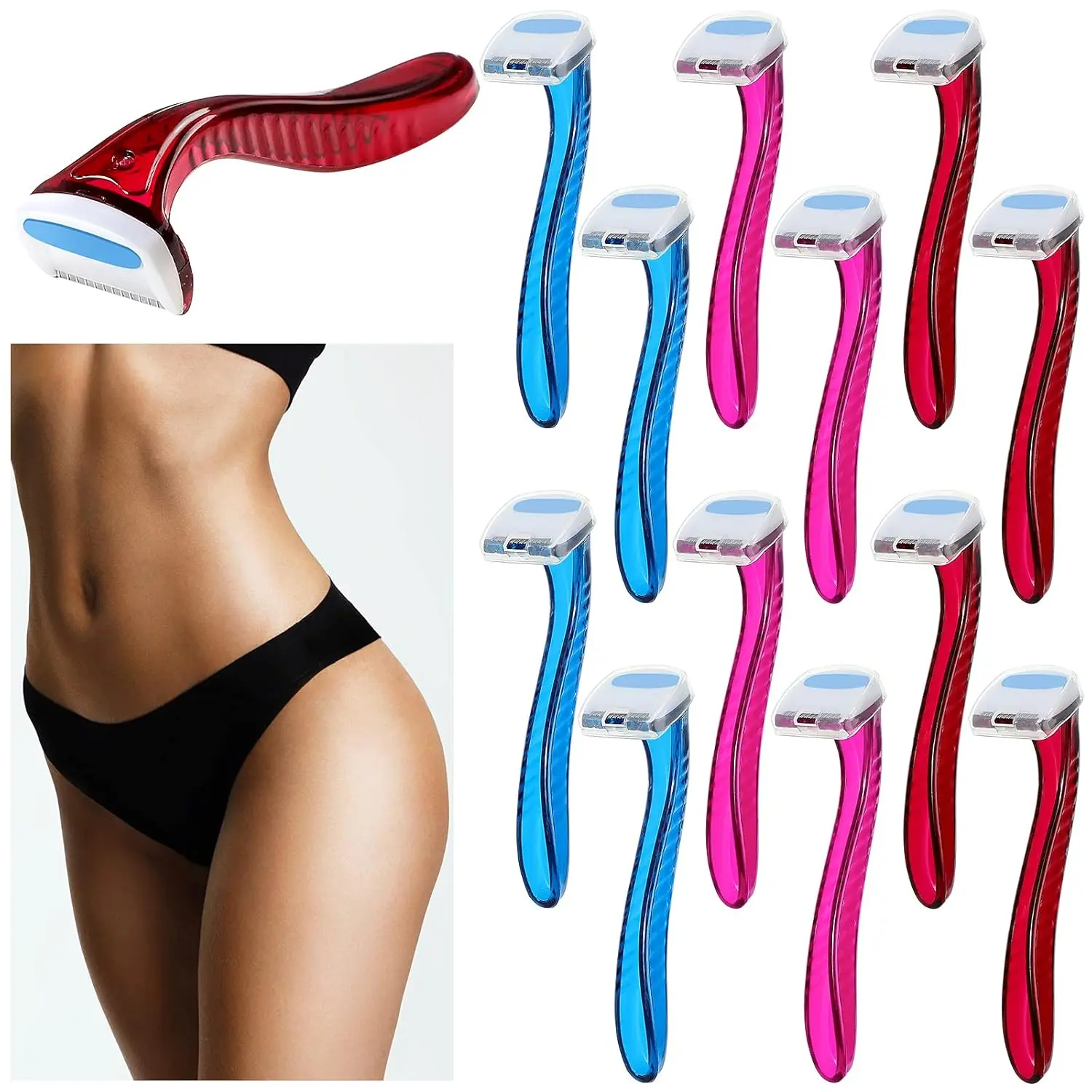 Women's Disposable Bikini Razors (12 Pcs) - Small Size T-Type Body Care Razors, Durable Travel Pubic Hair Trimmer Shaver, Beauty Cosmetic Tool (Dark Blue, Rosy, Dark Pink), Hair Removal, Shaver For Women, Razors For Women