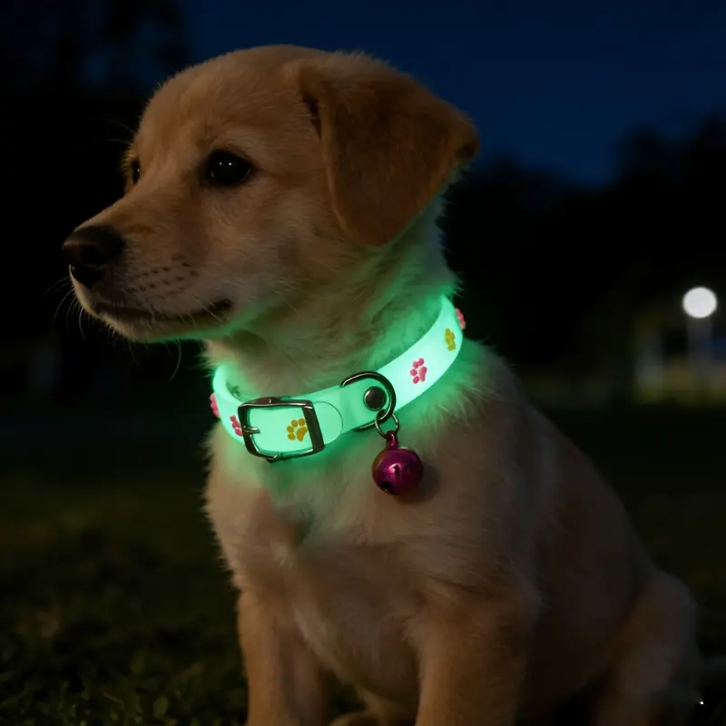 2 Pcs (1 collar + 1 bell) Random color pet glowing collar, cute pet glowing collar at night, luminous pet collar - glowing collar with paw print, safe and anti-lost collar at night, suitable for small dogs and cats, available in various colors