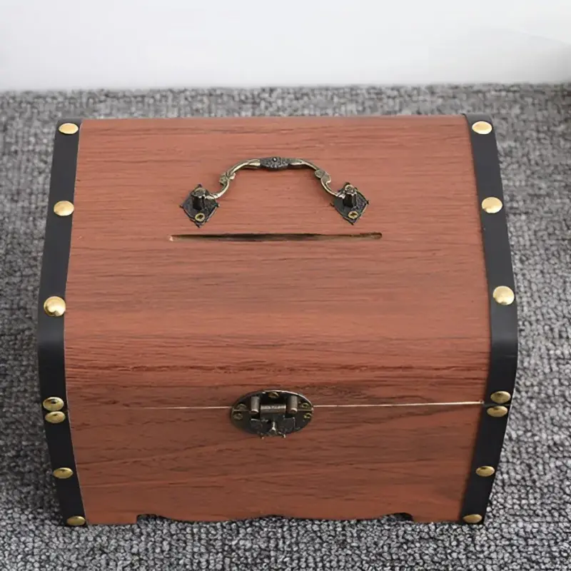 Wooden Vintage Piggy Bank, Treasure Chest Style Large Savings Box, Flip Coin Storage, Fun Home Desktop Decor, Wooden Money Box