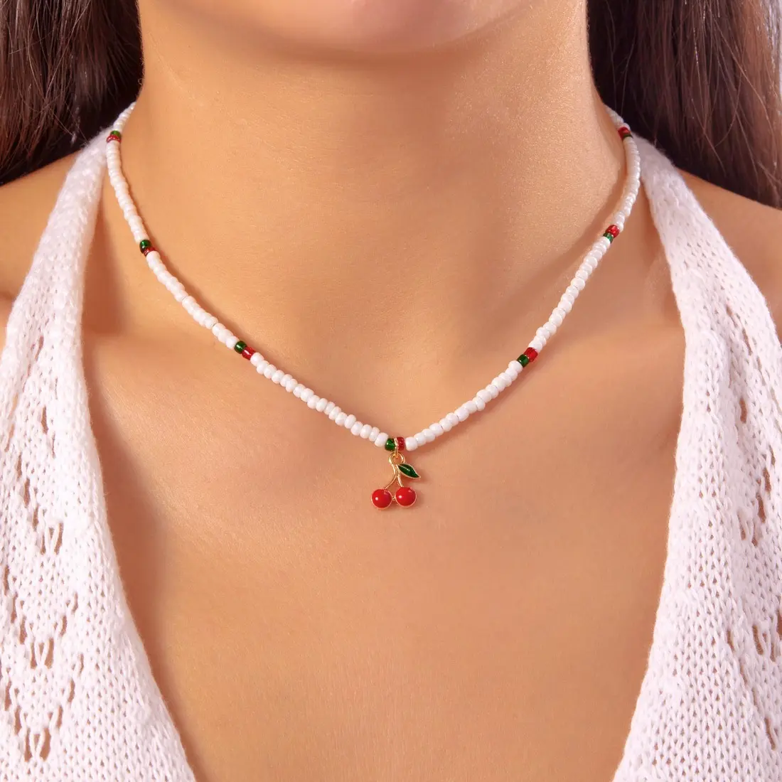 Summer Fruit Ocean Beaded Necklace for Women, Strawberry Cherry Starfish Pendant Collarbone Chain, Cute Aesthetic Rice Bead Jewelry, Lightweight Boho Style Accessory for Beach Vacation Daily Wear Gift