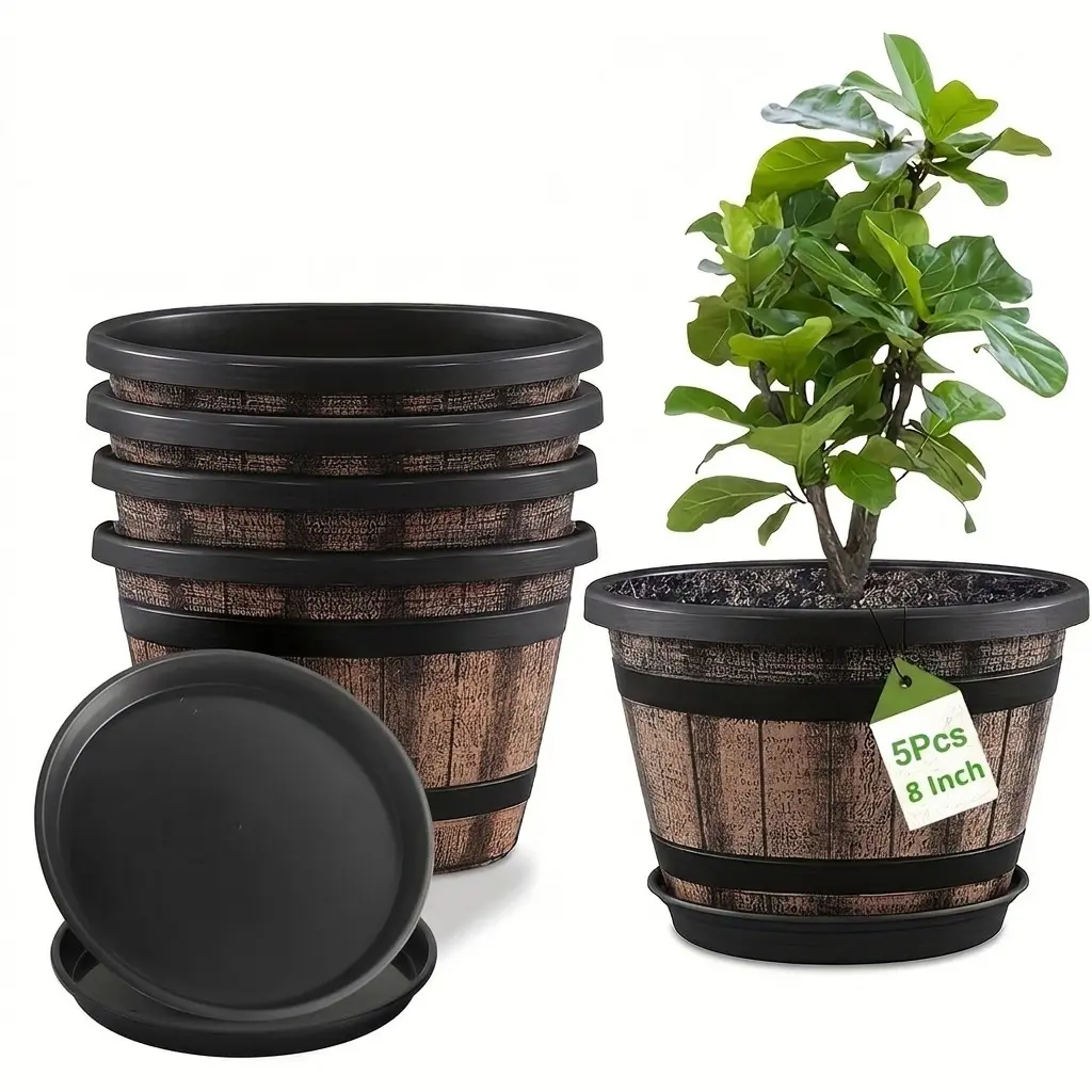 5 Piece Vintage Flower Pot Set with Tray, Plastic Pots with Drain Holes, Whiskey Barrel Design, Indoor Outdoor Garden Decor, Gift Idea
