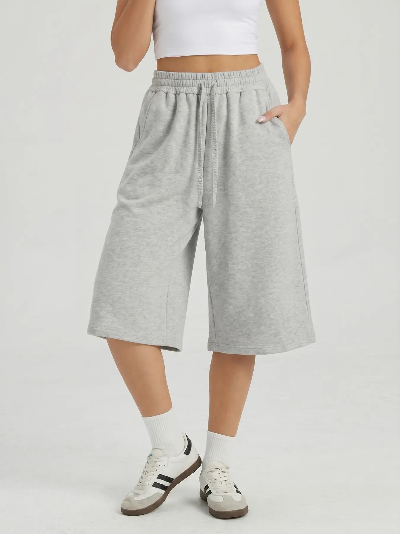 Women's Casual High-Waisted Short Wide-Leg Pants, Loose Elastic Comfortable Side Pockets, Summer Drawstring Waist Anti-Pilling Bottoms#AthleisureTrousers #Bottoms #EverydayWear #ComfyOutfit