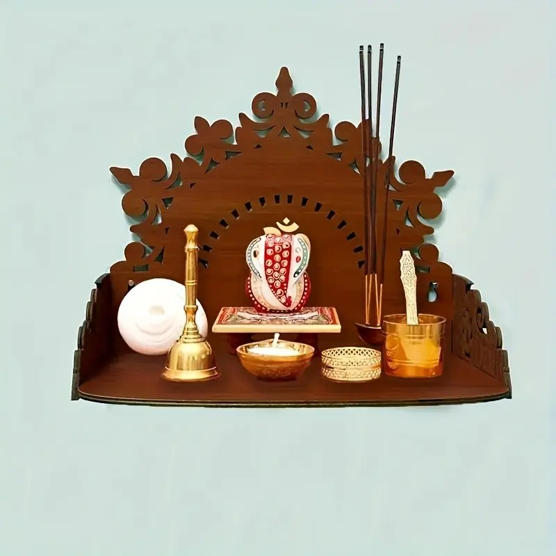 Wall-Mounted Indian Wooden Prayer Shrine, Small Hindu Altar for Home Office, Compact Wood Worship Shelf, Traditional Ornate Religious Decor Gift