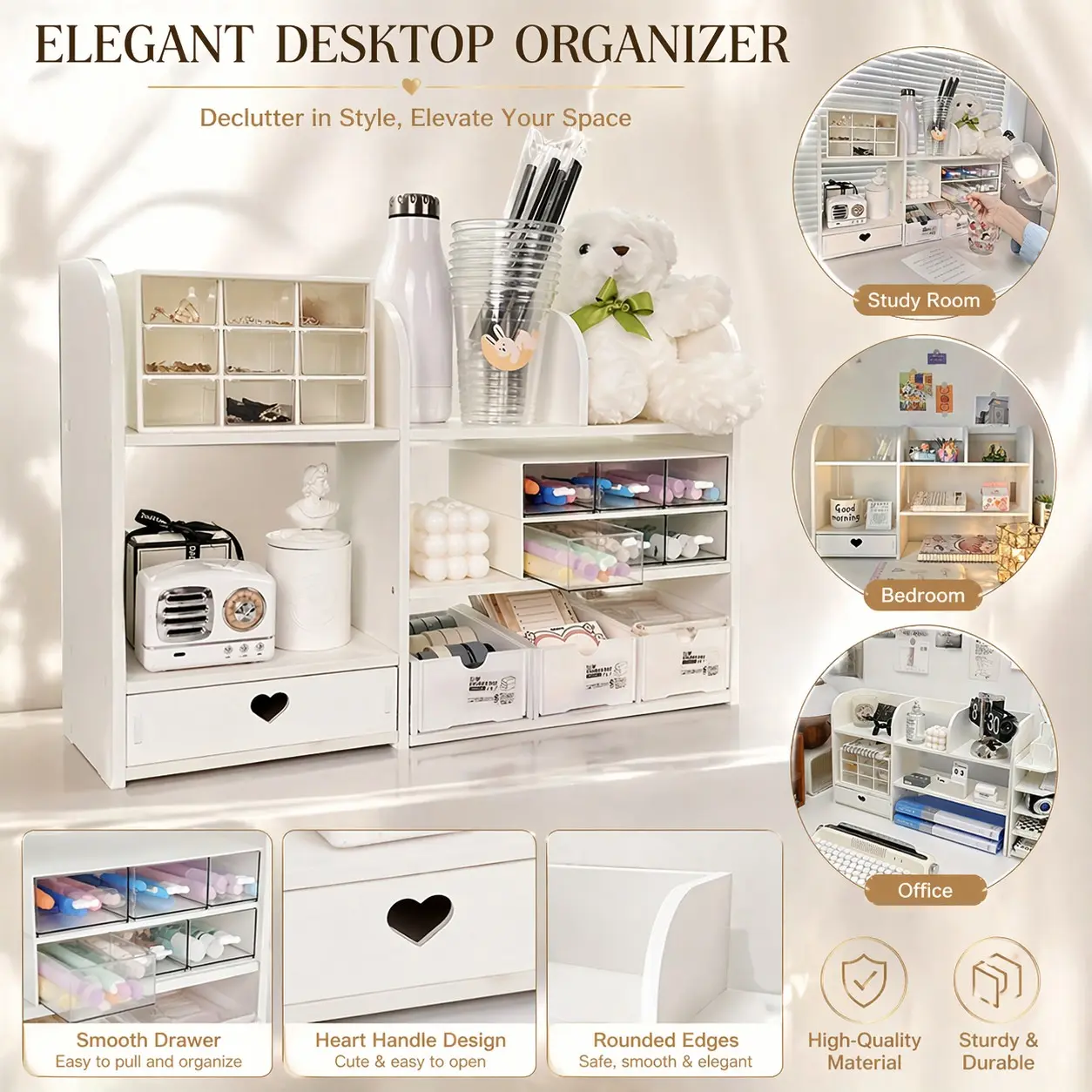 Wood Fiber Board Storage Rack, European Style Office Bookshelf with Drawers, Cosmetic Display Shelf, Office Essentials, Multi Functional Organizer, Durable and Space-Saving, Versatile Use, Office Accessories