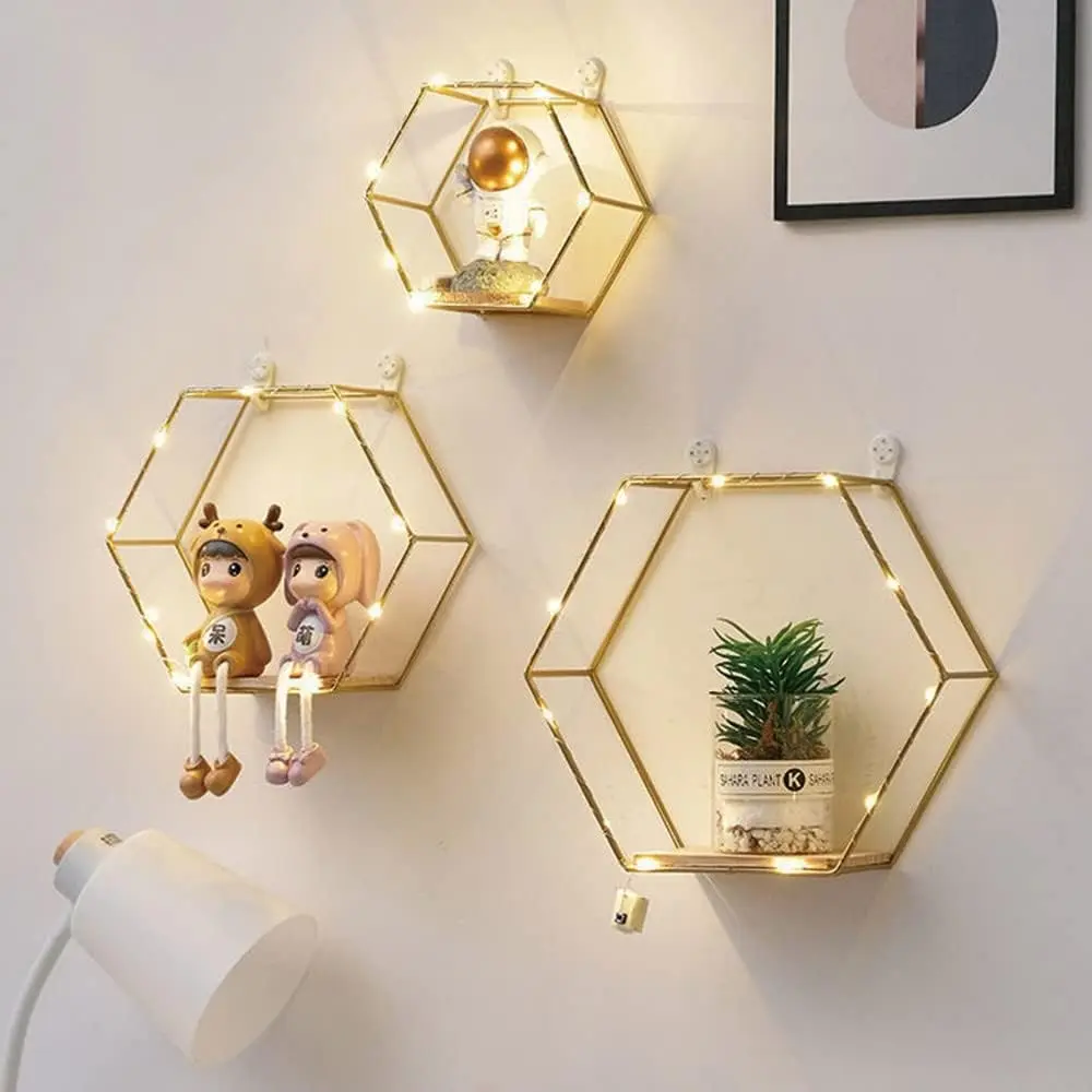 Geometric 3-Piece Hexagon Floating Shelves with LED Lights - Gold Metal Wire & Wood Wall-Mounted Decorative Storage Shelf for Bedroom, Living Room Home Organizers