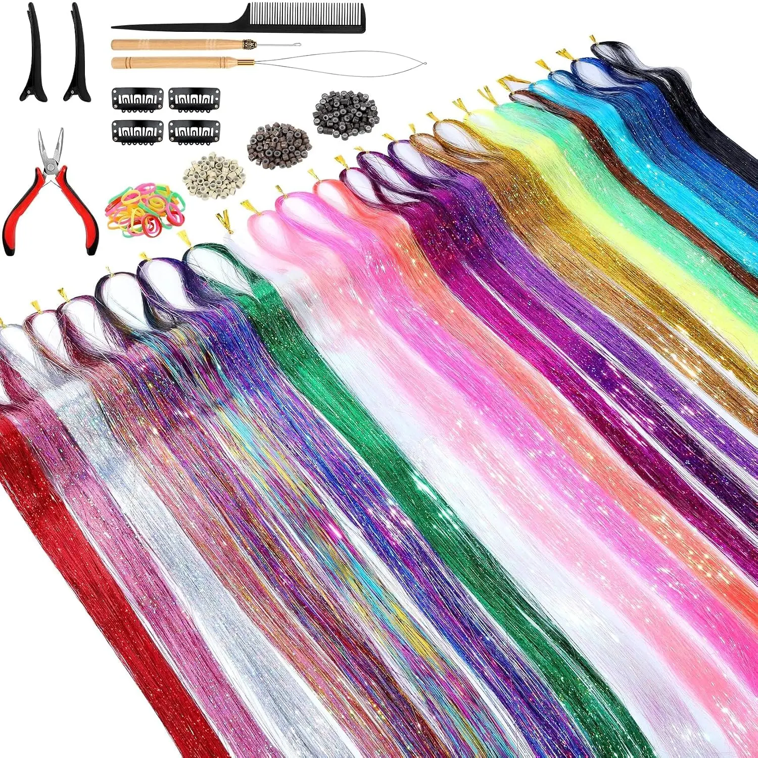 Hair Tinsel Extensions Kit with Tools (48 Inch, 24 Colors, 6000 Strands) | Heat Resistant Glitter Hair Tinsel Kit for Women Hair Accessories