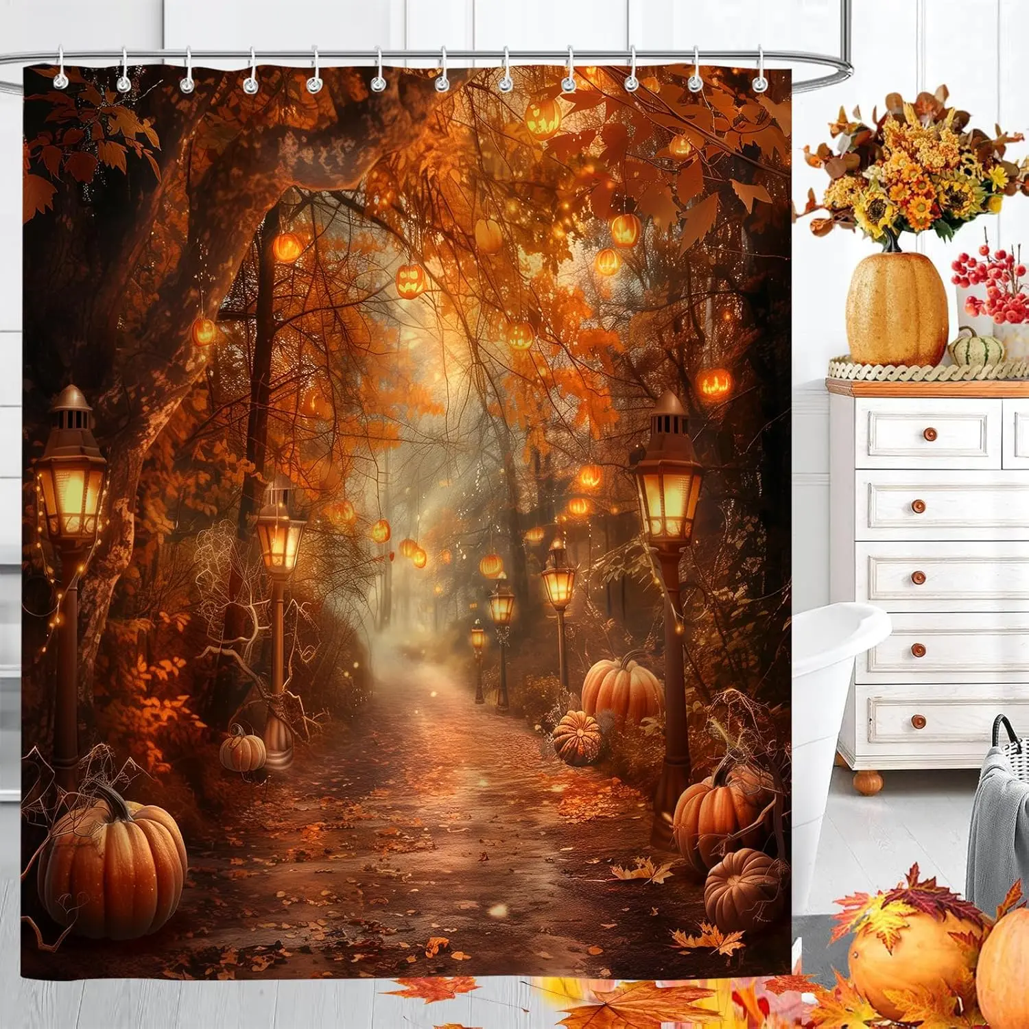 60x72" Single Modern Polyester Waterproof Washable Shower Curtain with Hooks, Autumn Pumpkin Pattern for Halloween Harvest Bathroom Decoration (Forest Country Trail Design), Shower Curtains