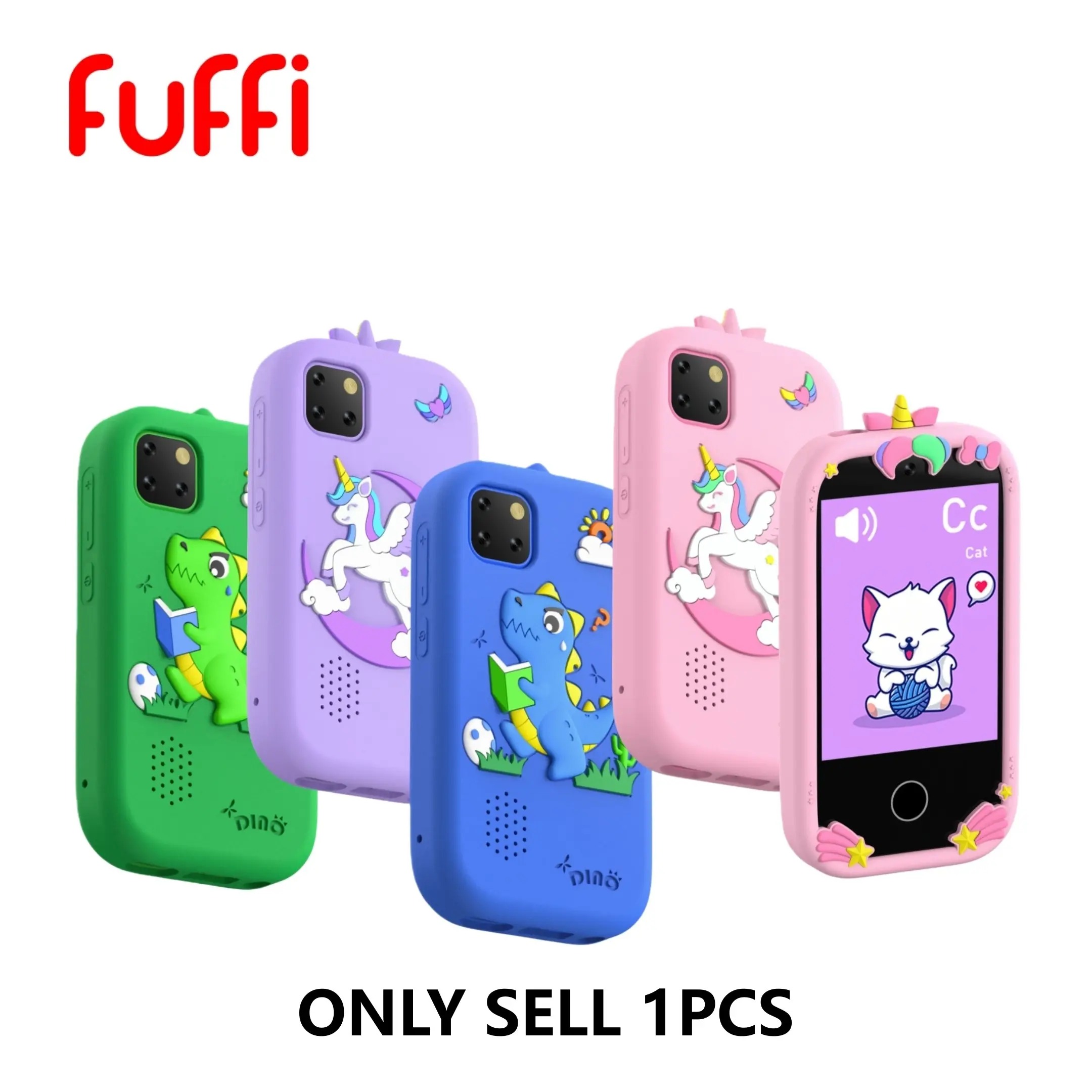 FUFFI Children's Mobile Phone - Portable 2.8-inch screen, 600 mAh battery, equipped with cute cartoon silicone case, basic knowledge/brain-teaser games/early education/music/video. Unicorn and dinosaur phone cases and hangers.