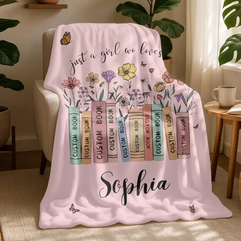 Personalized Floral Book Blanket,Custom Books & Name Library Gift for Book Lover,Valentines Day Gift for Reader,Reader Birthday Gift Decor