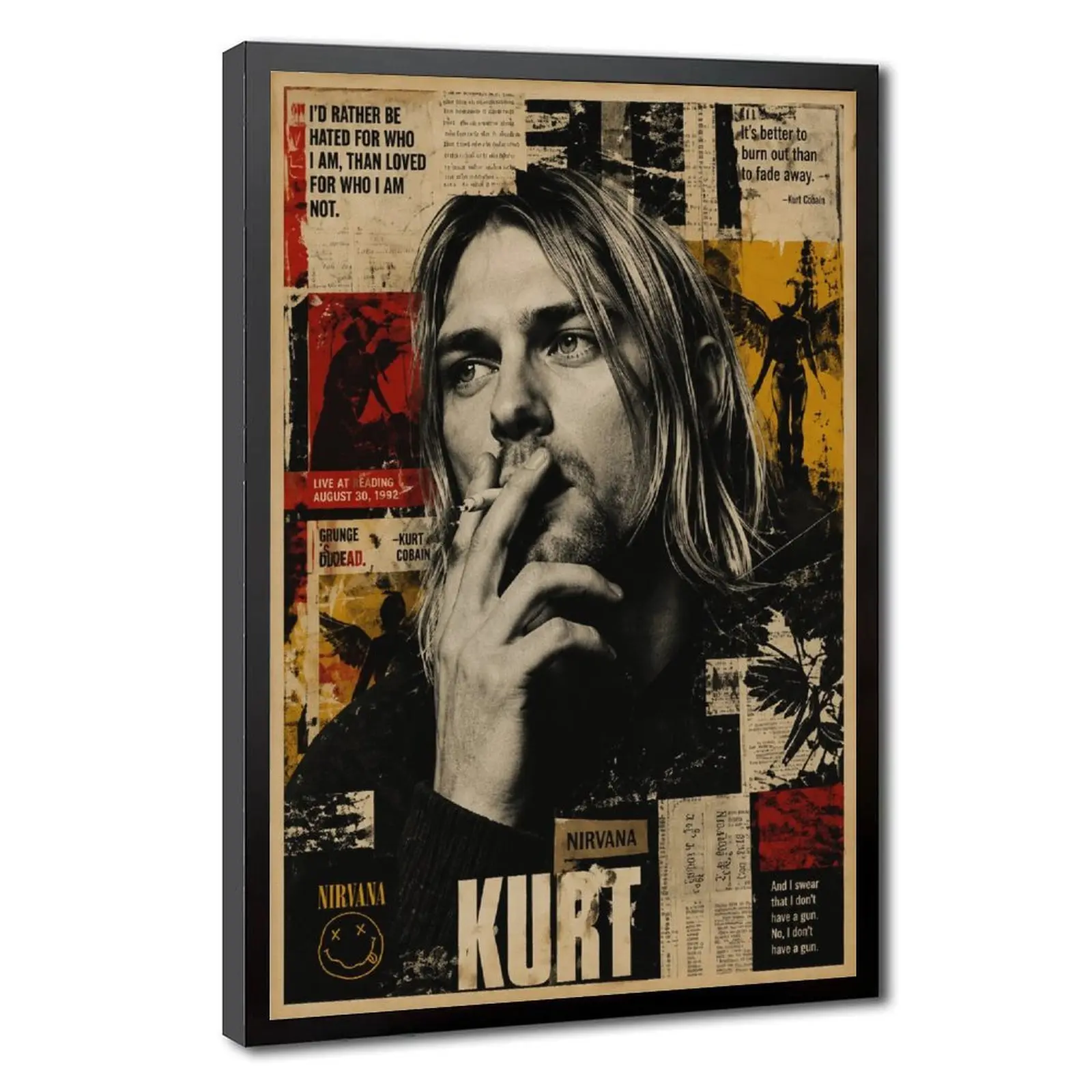 Kurt Cobain Nirvana Vintage Grunge Rock Band Portrait Poster - Minimalist Hanging Photo Cartoon Printed Image, 90s Retro Home Decor for Music Room & Aesthetic Bedroom Canvas Artwork, Wood Frame