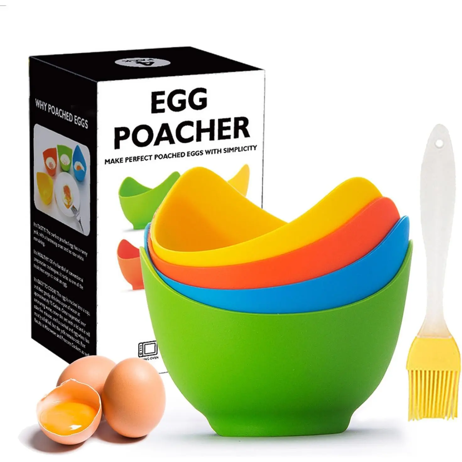 Egg Poacher -  Poached Egg Cooker with Ring Standers,  Egg Poacher Cup for Microwave & Stovetop Egg Poaching, Oil Brush, , 4 Pack