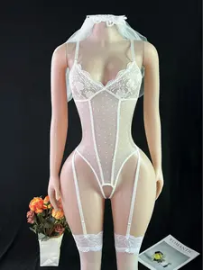 Women's Sexy Water Soluble Floral Mesh Bridal Bodysuit, Lace Spliced Sheer See-through Wedding Lingerie, Wire-Free 4-Piece Set Includes Bodysuit, Veil and Mesh Stockings, Ideal for Private Parties women's plus size clothing flash sale two piece set