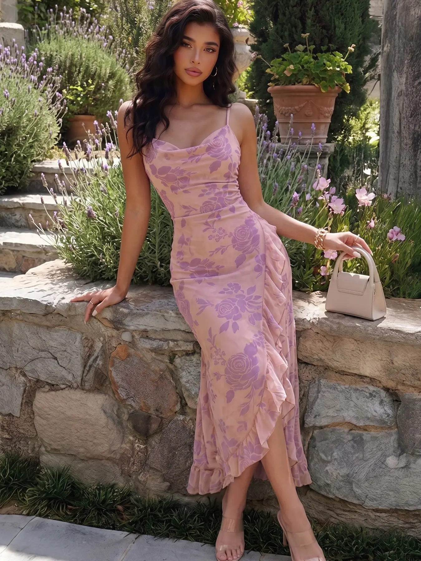 Women's Light Pink Lavender Rose Print Cowl Neck Thin Strap Midi Slip Dress, Soft Chiffon Ruffle High Split Ruched Waist Backless Elegance Dress For Summer Garden Beach Party And Date Wear #springsaledeals2026 #vacationdress #womensfashion #frenchstyle