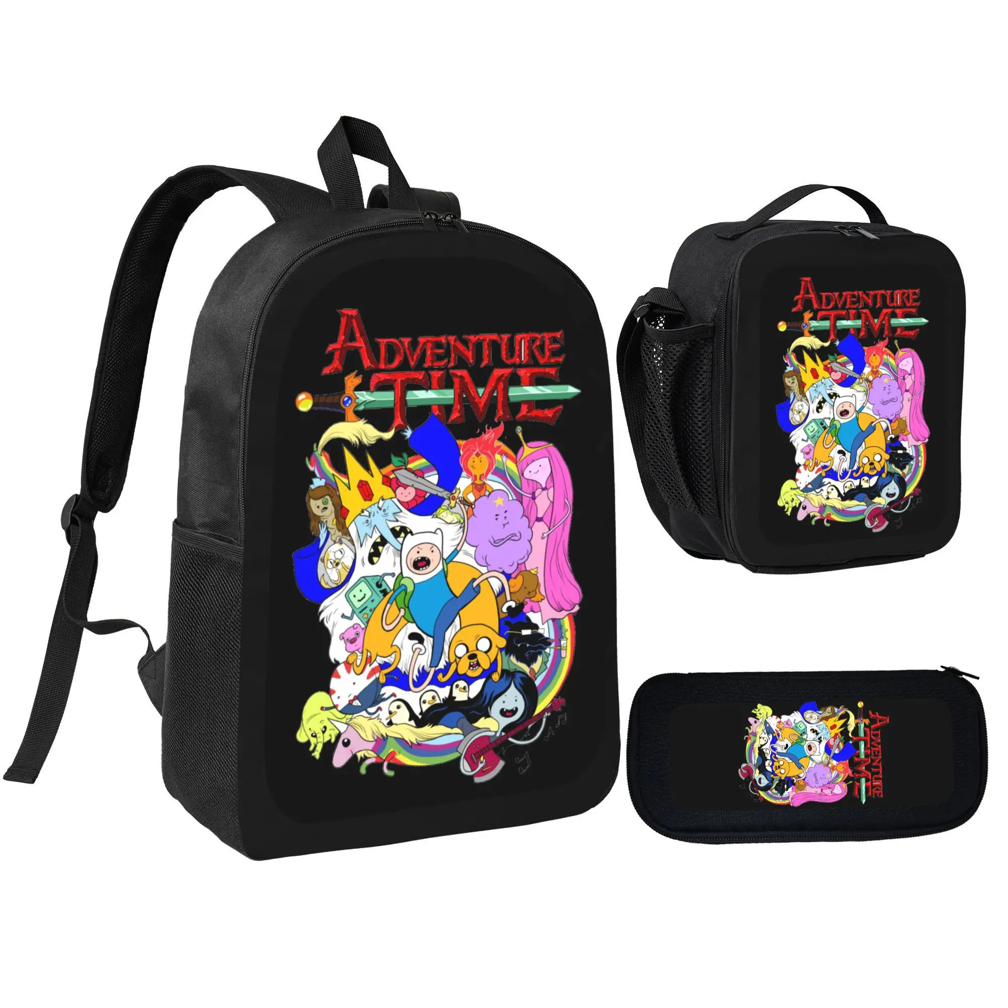 3-Piece Adventure Time3 Anime Print Backpack Kit, Unisex Student Bookbag Includes Lunch Bag & Pencil Box, Casual Daily Sports Backpack Gift for Youth
