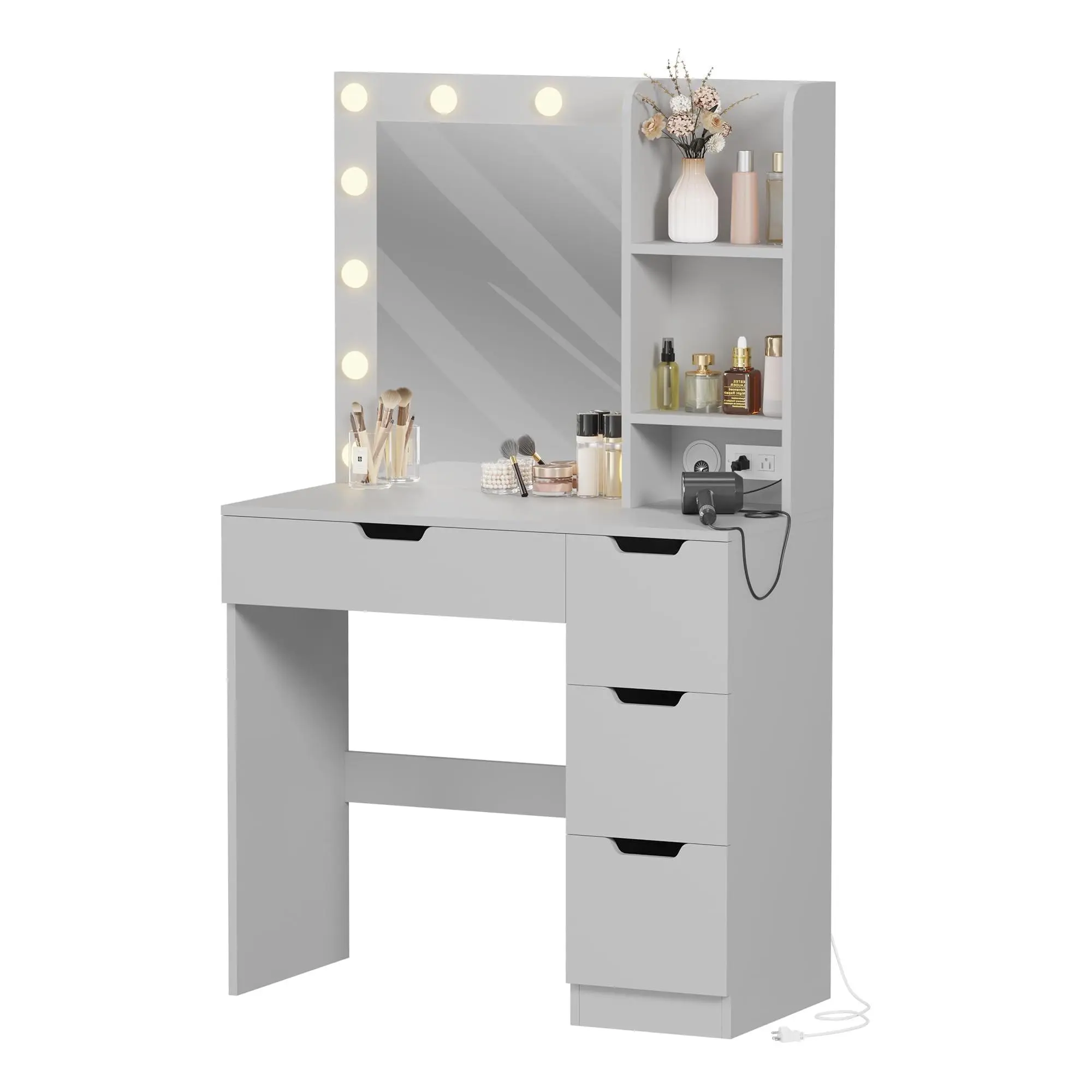 Garvee Vanity Desk with Mirror and Lights, 35.4" Makeup Vanity with 4 Drawers, 3 Open Shelves, Power Outlets & 3 Lighting Colors, Small Makeup Dressing Table for Bedroom, Grey