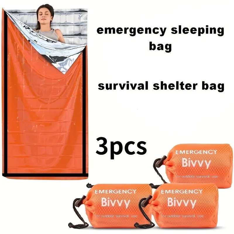 3-pack Emergency Sleeping Bags, Pe Film Thermal Survival Blankets, Lightweight Portable Outdoor Shelter, Heat Retain Emergency Survival Gear, Ideal for Camping, Hiking, Backpacking and All Kinds of Outdoor Adventure Trips