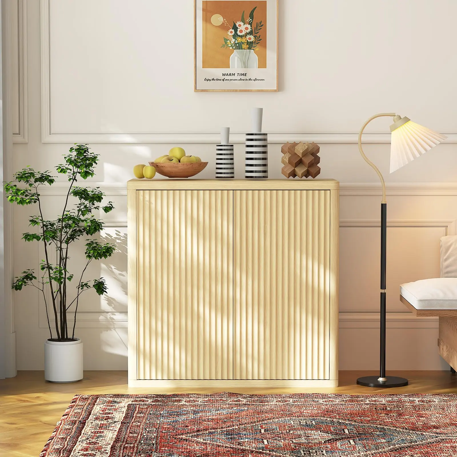 Modern 3-Tier Sideboard Buffet Cabinet – Fluted Doors, Adjustable Shelves, 220lbs Capacity – Natural Oak Storage Credenza for Kitchen, Dining, or Living Room