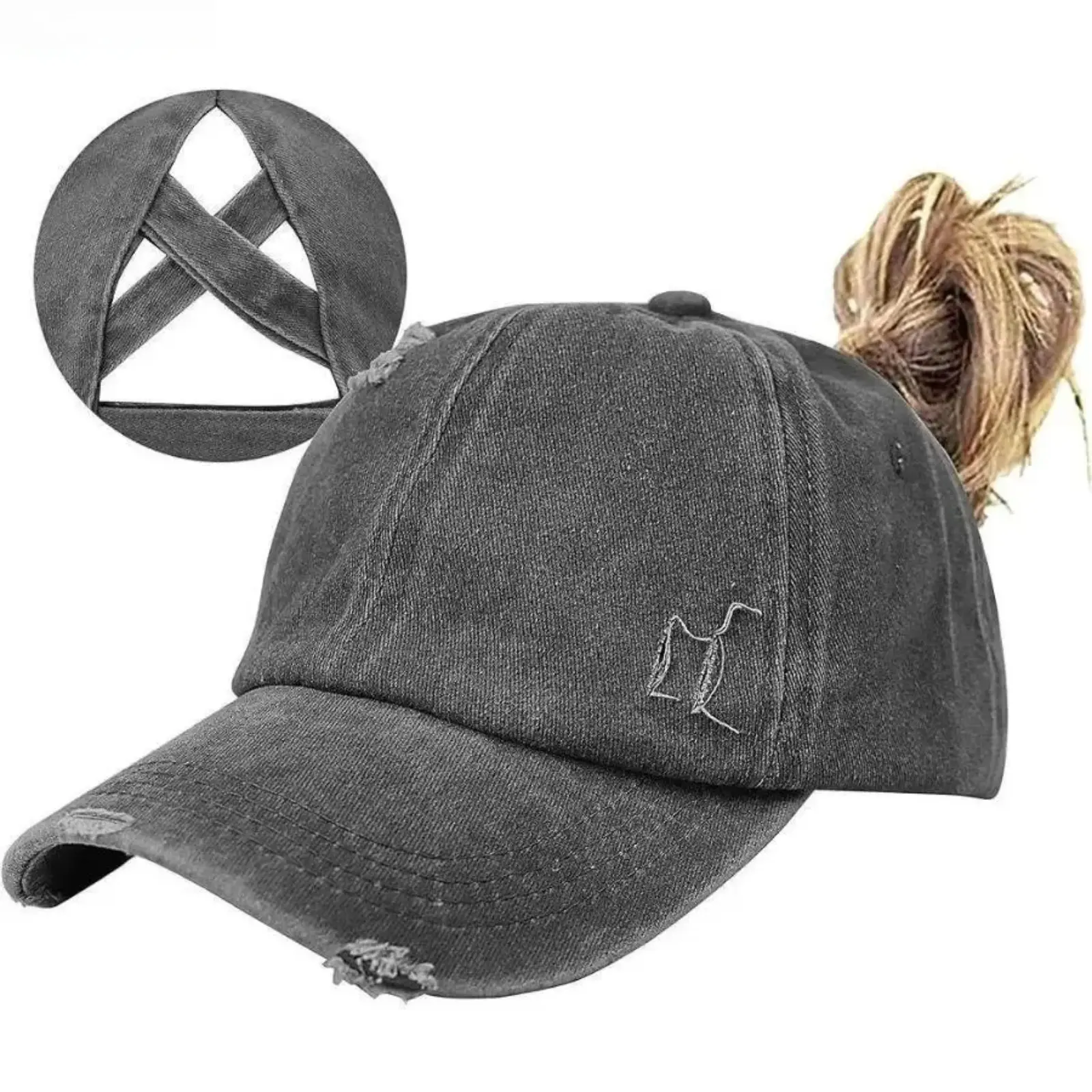 Women's Distressed Cotton Trucker Hat - Female Hat with Messy Bun Hole, Adjustable Size, Criss-Cross High Ponytail Design, Breathable Sun Protection for Travel, Gym, Cotton Cap, Distressed Look, Travel Gym Beach, Sports, Hats