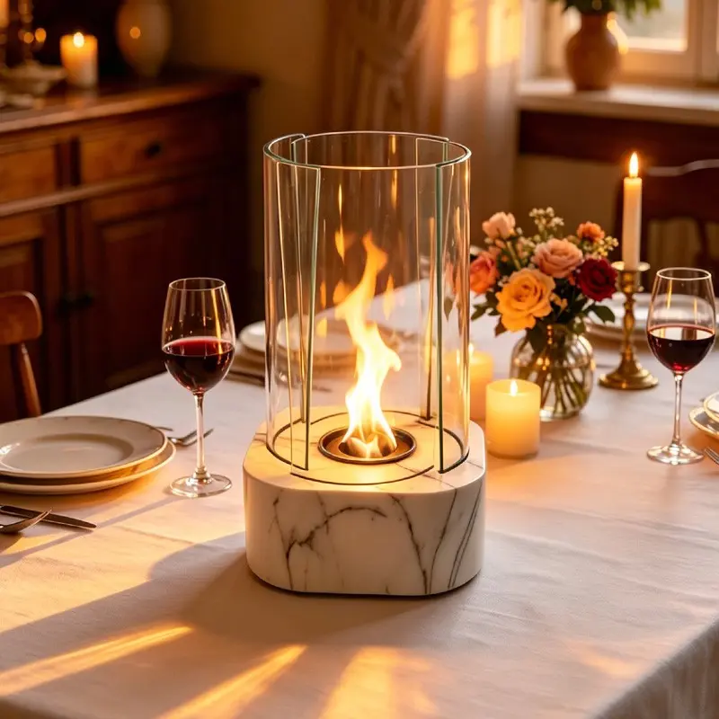 1pc Small Desktop Fireplace with Four Glass Panels, Series Real Fire, Ethanol-Fueled, Smoke-Free, Indoor Tabletop Heating Atmosphere Heater