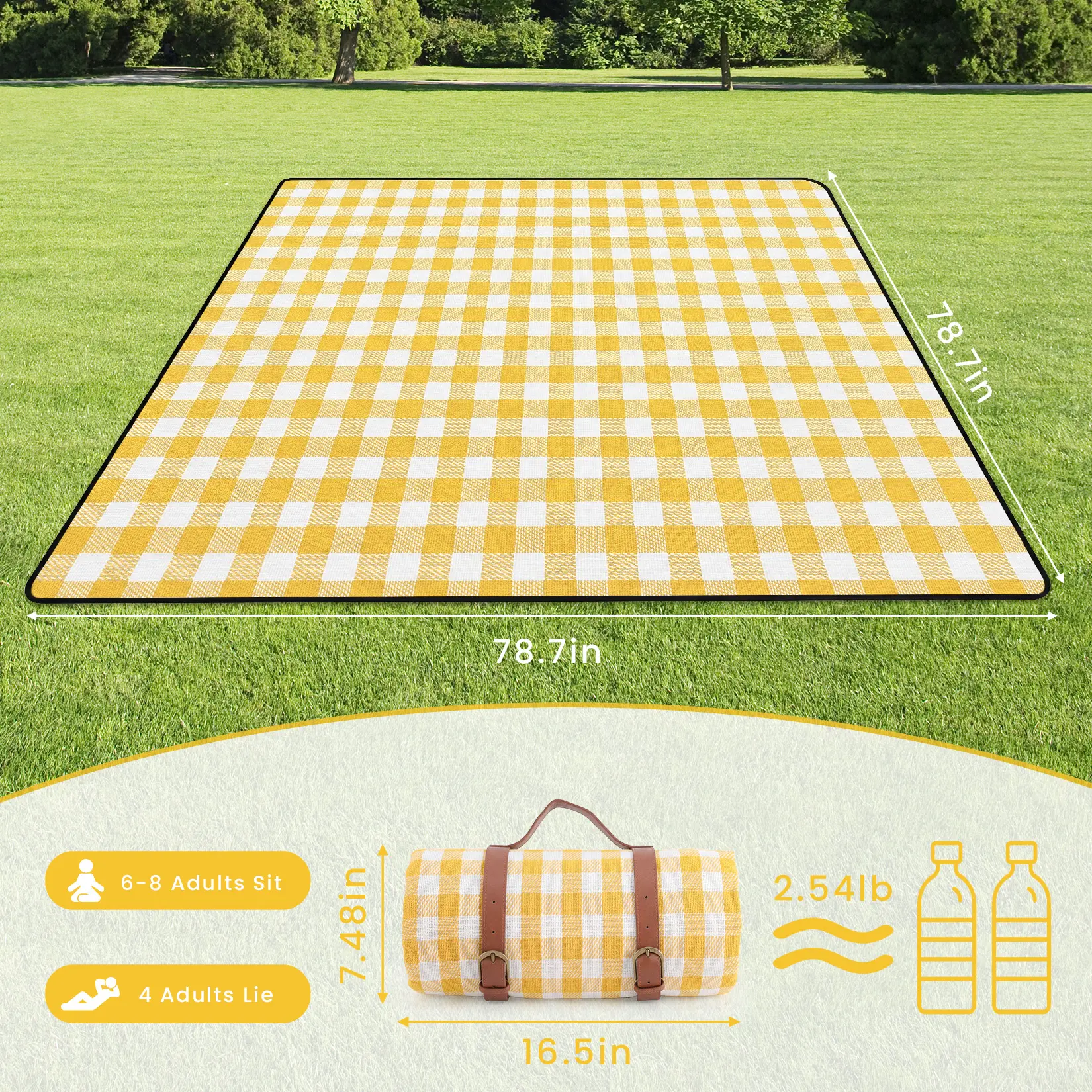 Waterproof Outdoor Picnic Blanket – Extra Large 79"x79" Collapsible Mat, Lightweight, Easy Clean, Portable for Camping, Beach, Lawn, Garden, Family Picnics – Green/Yellow Plaid