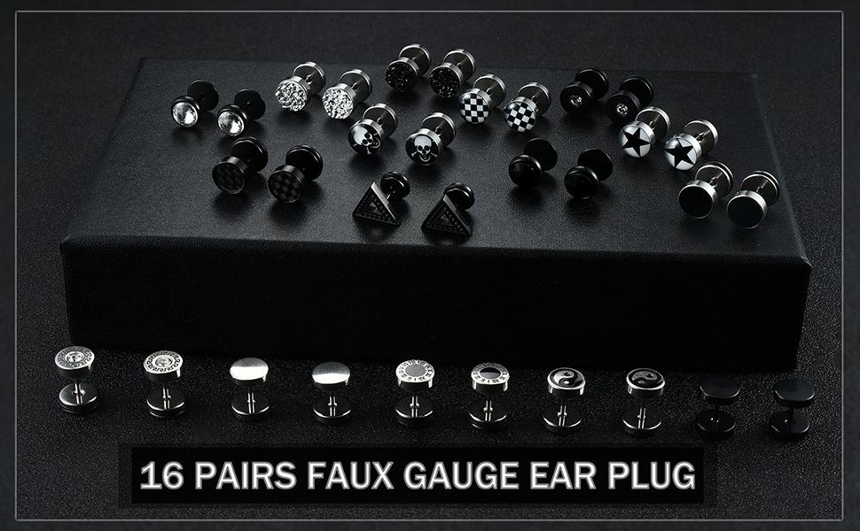 FIBO STEEL 9/16 Pairs Stainless Steel Stud Earrings for Men Women Fake Gauge Earrings Cheater Faux Gauges Ear Tunnel 8mm 18G 6.5mm Durable Comfortable SpringStatements