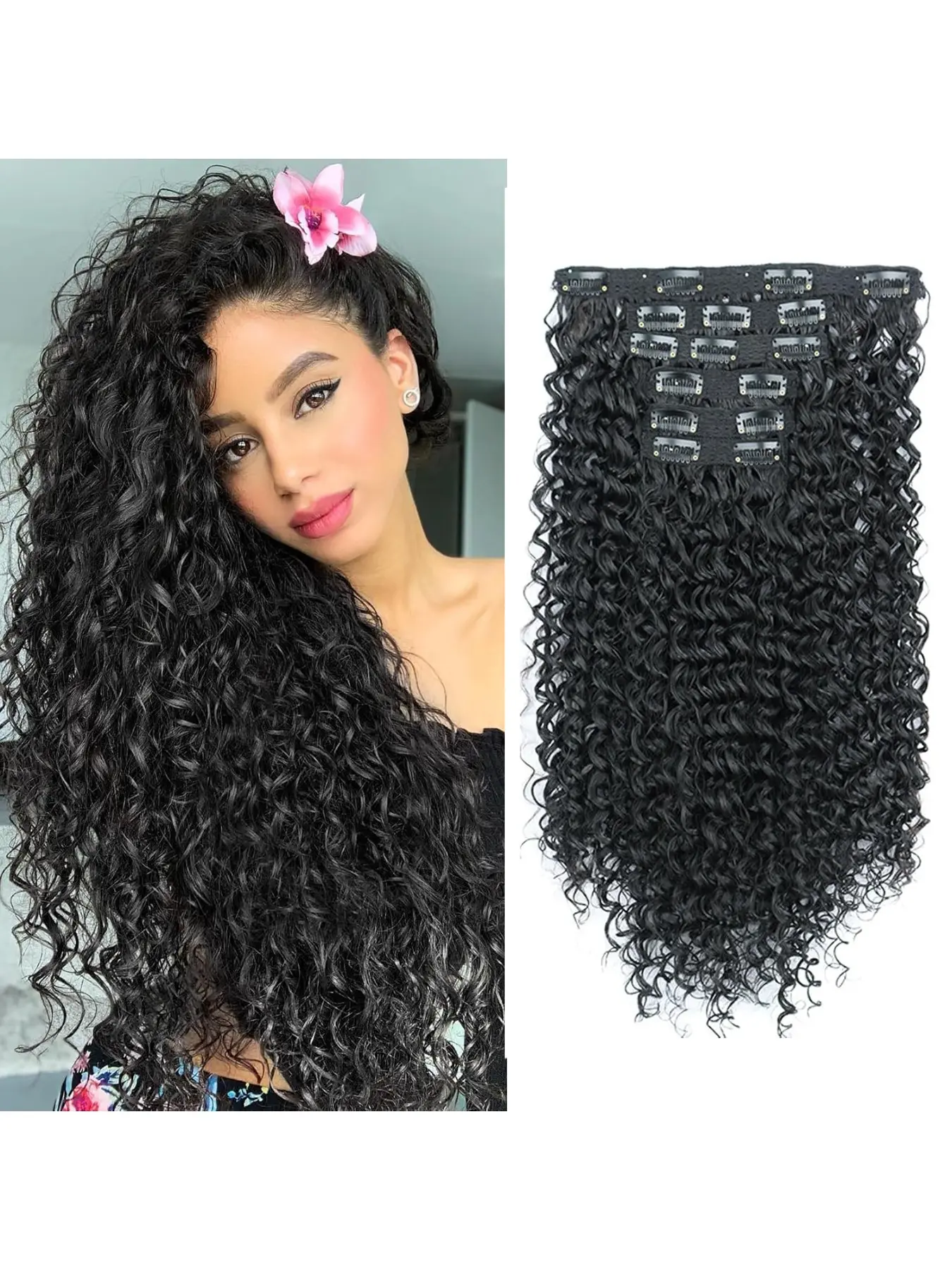 26 Inch Natural African Kinky Curly Clip-In Hair Extensions, Afro Kinky Curly High Heat Fiber Full Head Set, 155g 6 Pieces, Women's Daily Wear