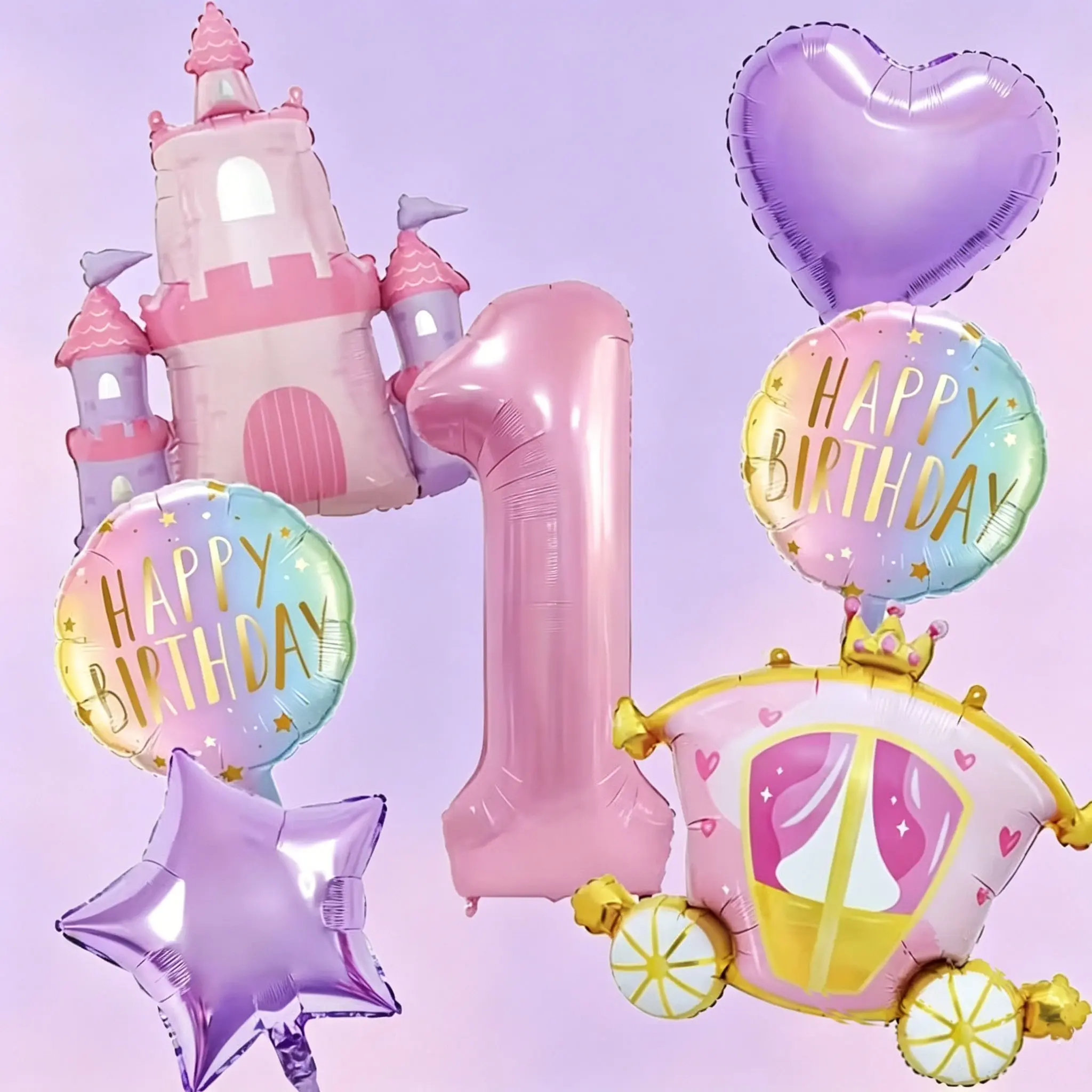 9-Piece Princess Castle Birthday Balloon Set, Birthday Party Decorations, 32-Inch Pearl Color Number Balloons, Castle Car, Star Heart Balloons, Suitable for girls' birthday parties, princess/fairy tale-themed parties