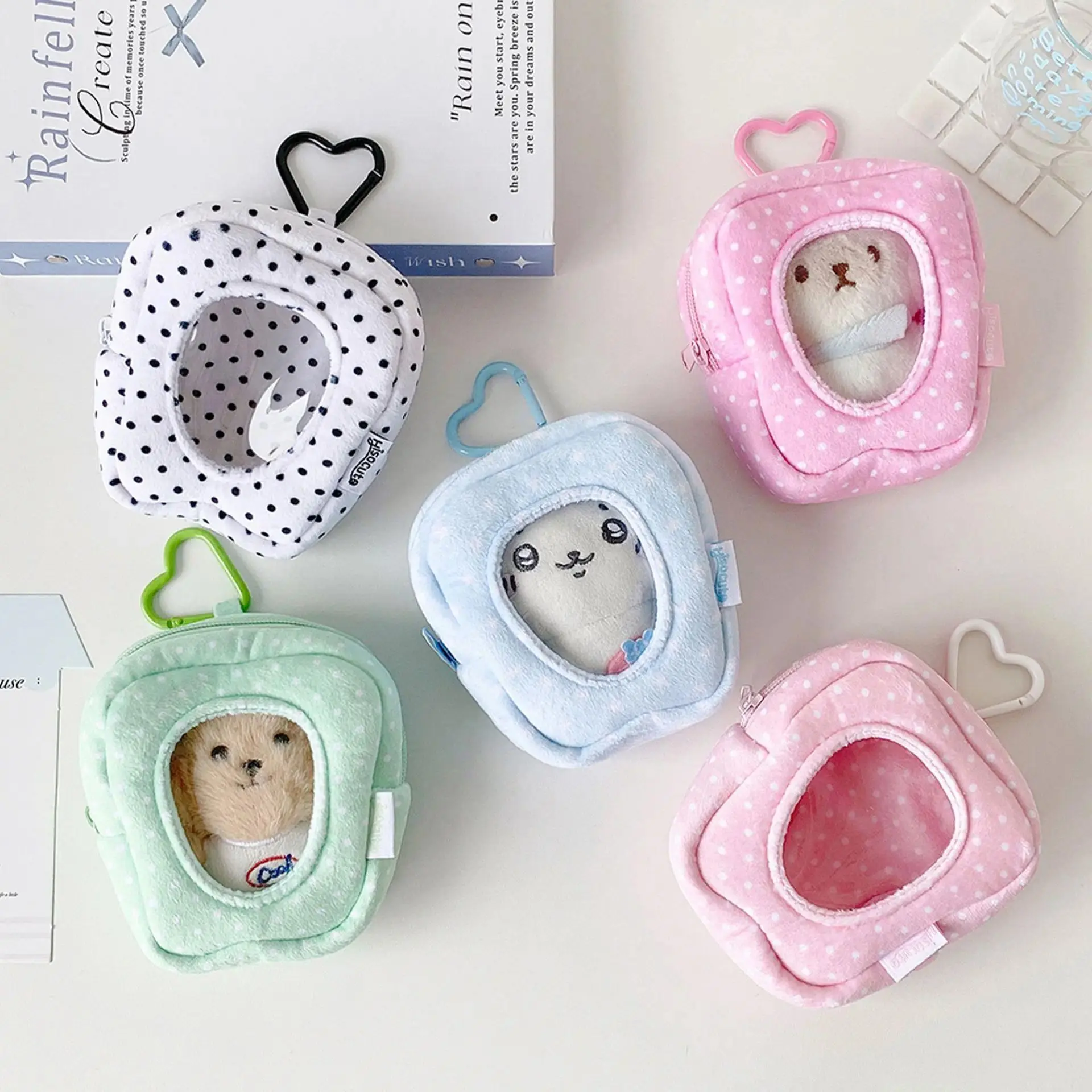 Polka Dot Plush Ita Storage Bag Mini Transparent Window Coin Purse Keychain Doll Display Pouch Zipper Earphone Backpack Charm