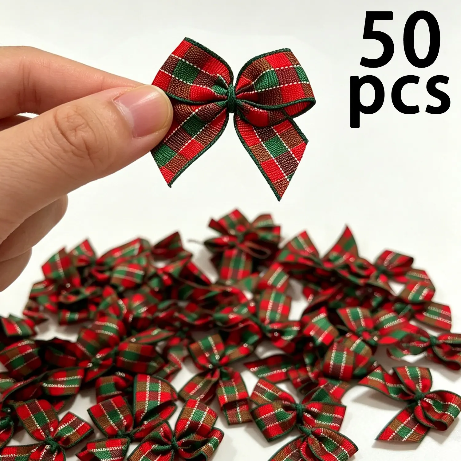 50pcs Christmas Mini Bowknots, Handmade Polyester Plaid Trim, Holiday Decor, Gift Bows, Tree Hairbands, Elegant Festive Ribbons