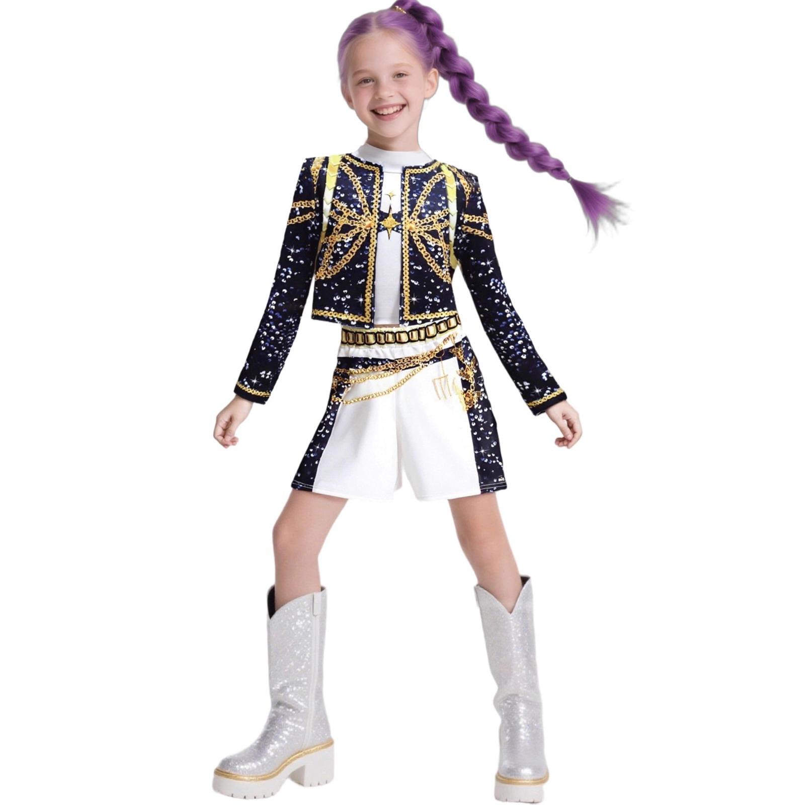 Girls’ 3-Piece Halloween Performance Costume Set, Printed Split Mesh Top and Matching Bottoms, Girls Dance Stage Party Role-Play Outfit Girls’ 3-Piece Halloween Performance Costume Set, Printed Split Mesh Top and Matching Bottoms, Girls Dance Stage Party Role-Play Outfit