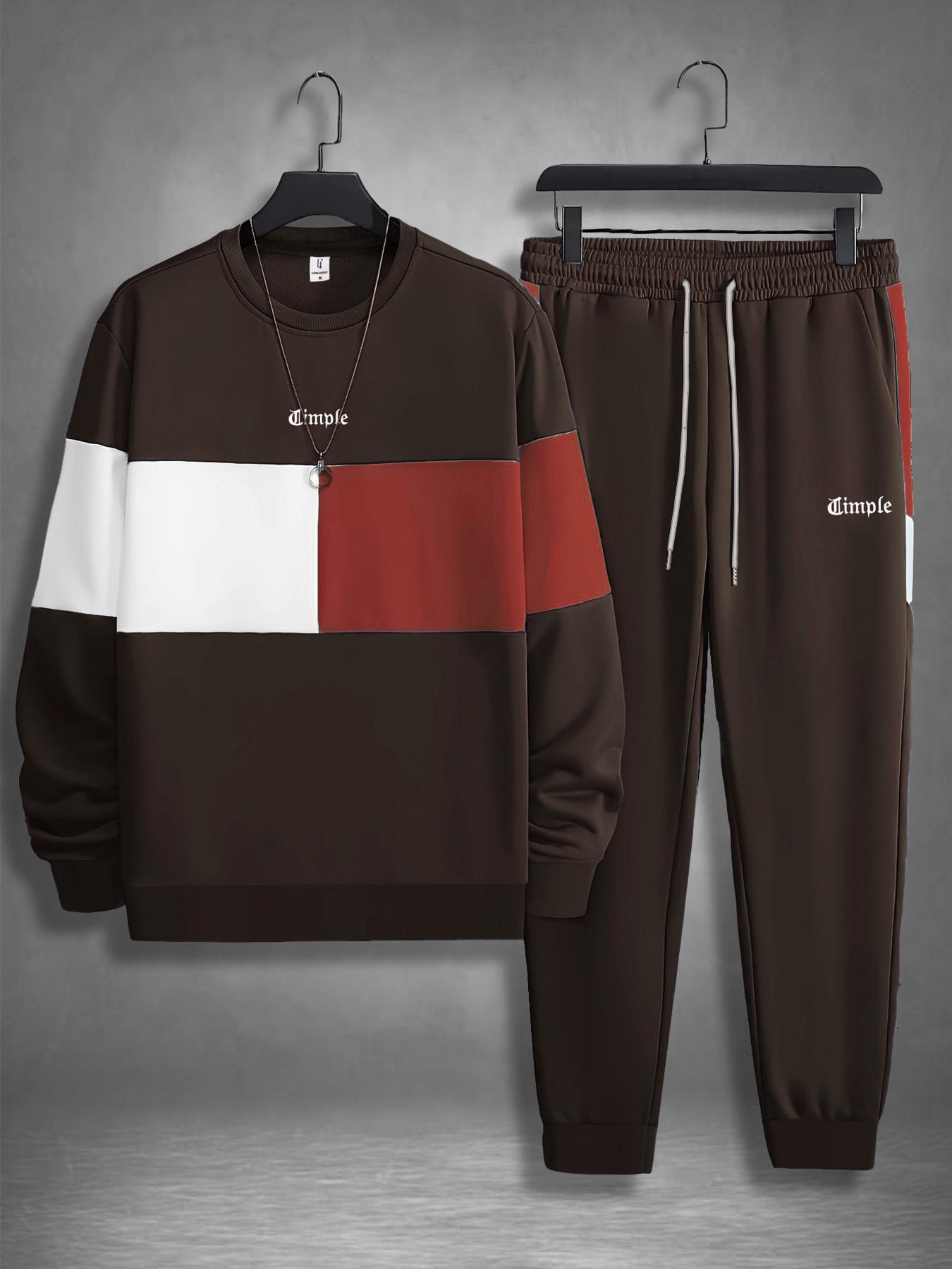Men's Colorblock Print Sweatshirt & Pants Loungewear Two-piece Set, Casual Comfy Long Sleeve Pullover & Jogger Pants, Men's Sleepwear for Spring & Fall, Homewear