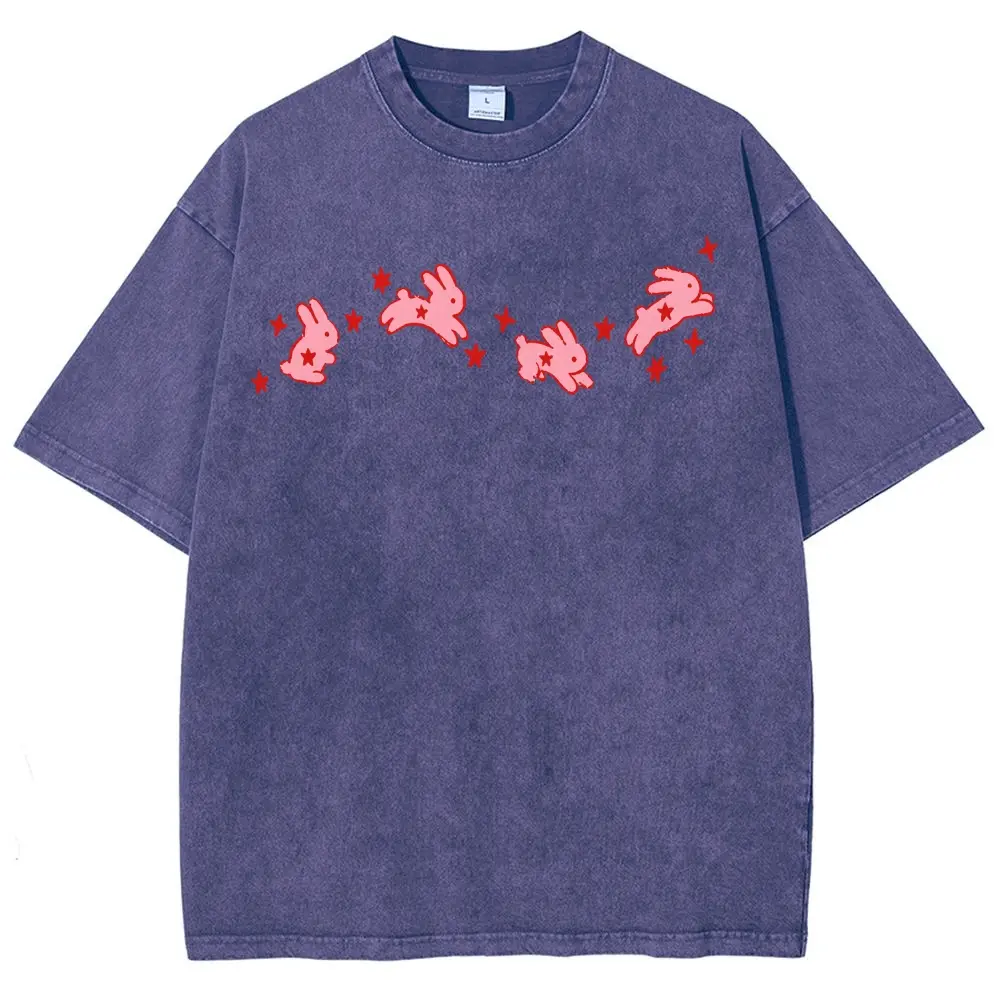 DTG Four Pink Running Bunnies Red Star Unisex Graphict Washed T-Shirt Personalized Pattern Y2k Clothing Round Neck Washed T-Shirt,Women's Clothing 100% Cotton, Menswear, Top, Vintage Style,Summer Casual Oversized,back to school,back to school shopping
