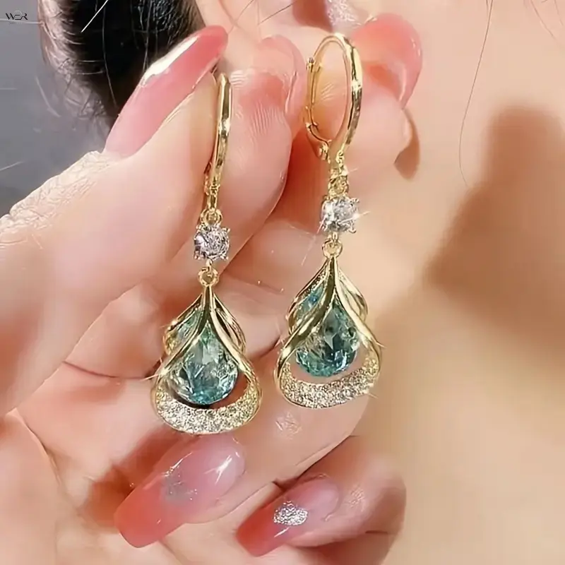 Gold-Tone Elegant Teardrop Earrings for Women, 4.2cm Lightweight Crystal Pavé Dangle Hoops with a Romantic Vibe for Party Wear, Crystal Pave, Teardrop Shape